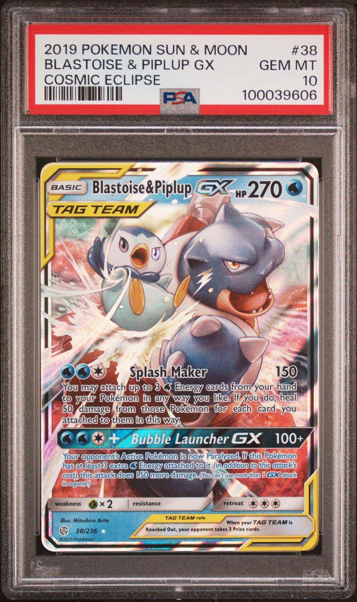 2019 Pokemon Sun & Moon Cosmic Eclipse Blastoise & Piplup Gx PSA