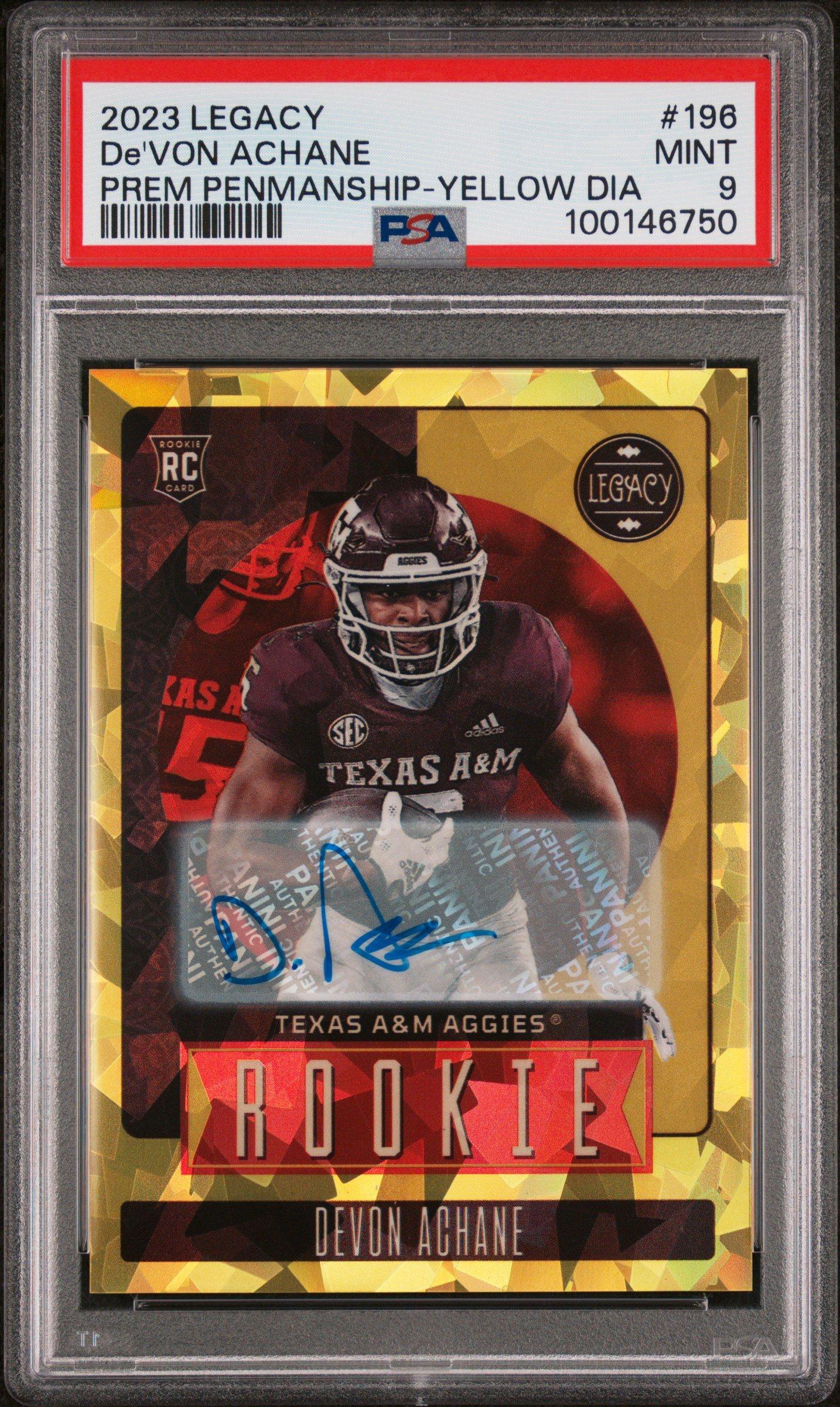 panini graded cards 2023 Panini Legacy 196 De'von Achane Premium Penmanship-yellow Diamond PSA 9