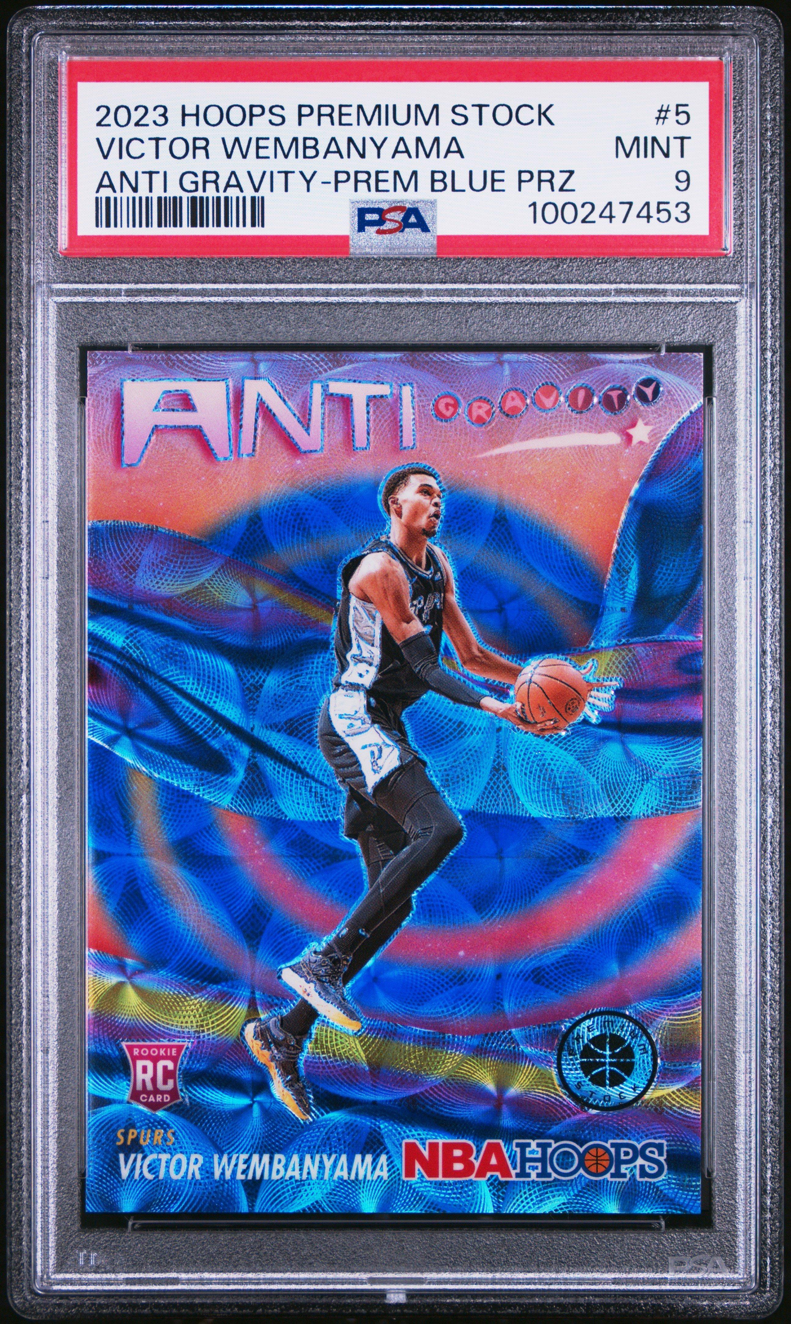2023 Panini Hoops Premium Stock Anti Gravity 5 Victor Wembanyama Premium Blue Prizm PSA 9