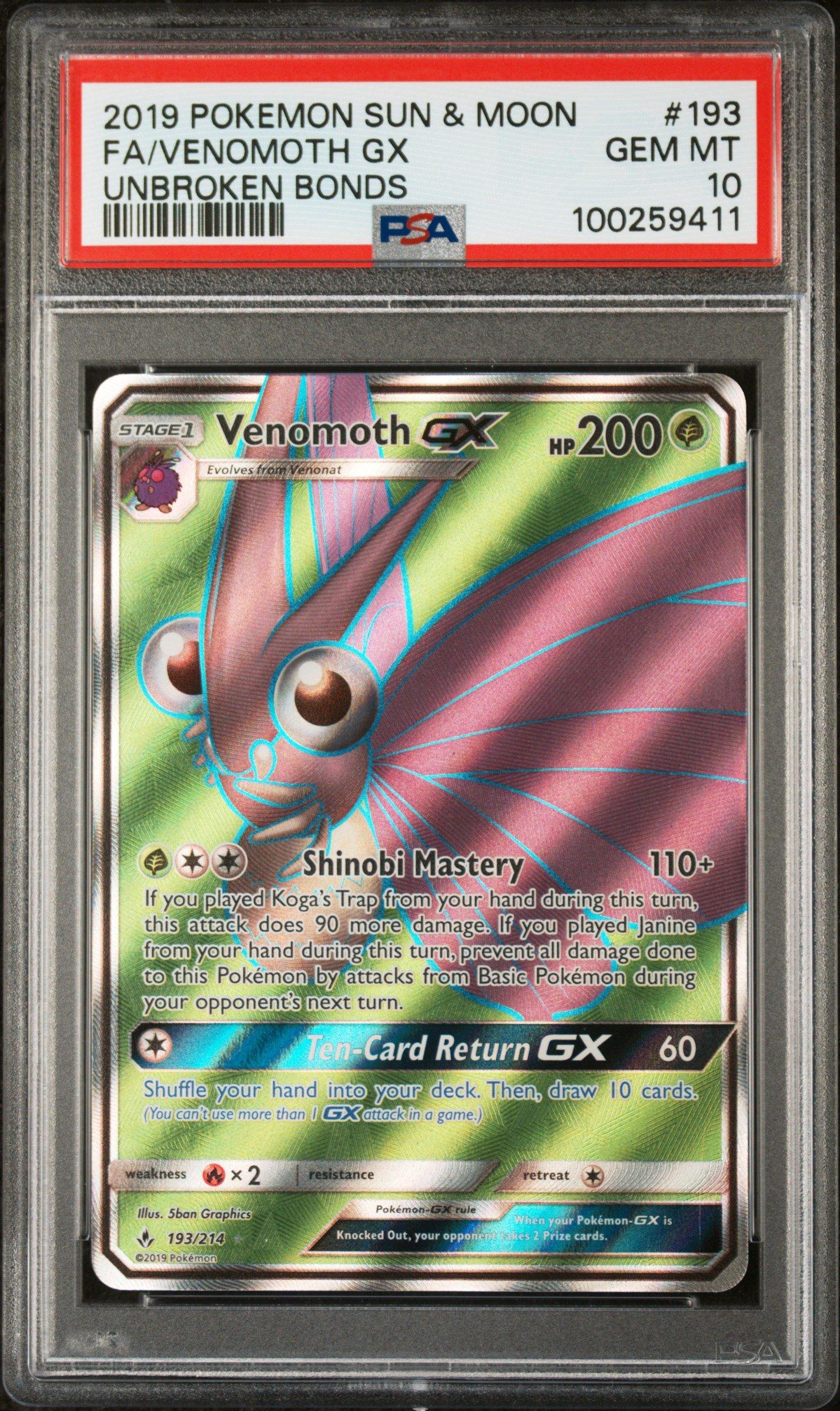 2019 Pokemon Sun & Moon Unbroken Bonds 193 Full Art/venomoth Gx PSA 10