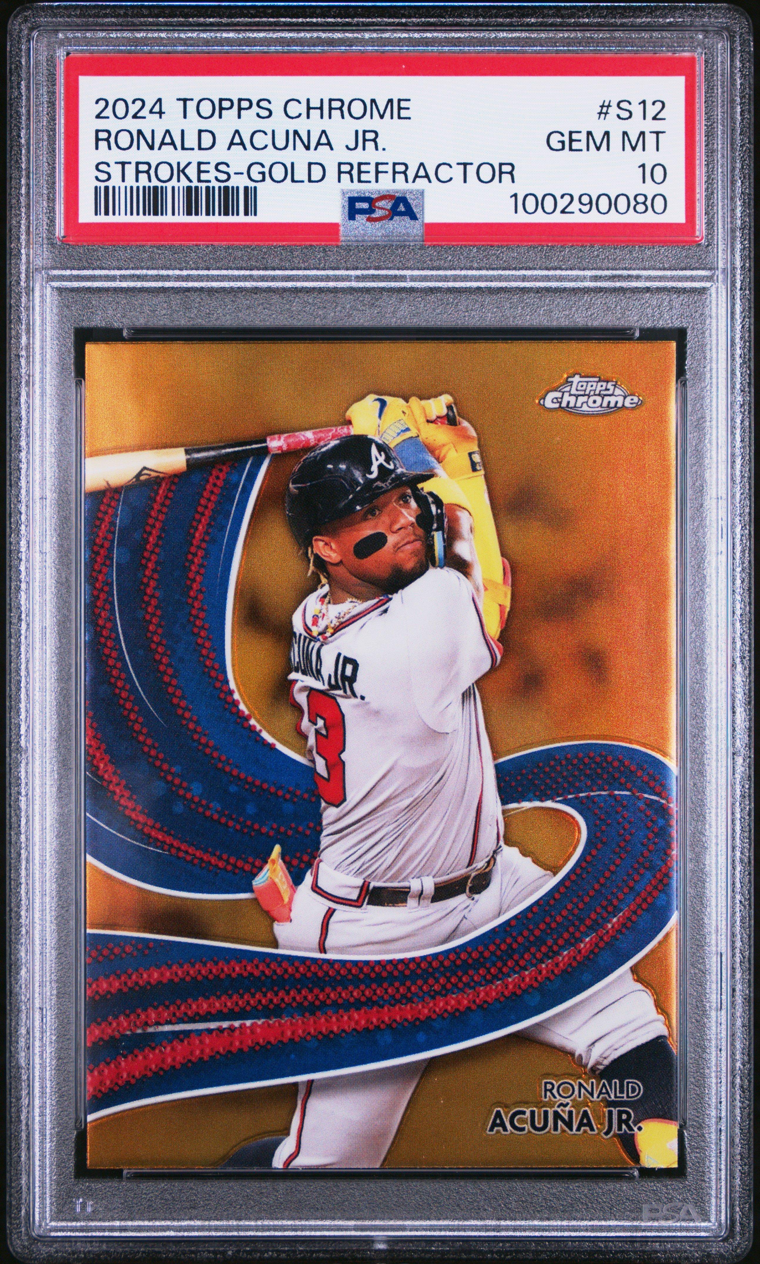 2024 Topps Chrome Strokes S12 Ronald Acuna Jr. Gold Refractor PSA