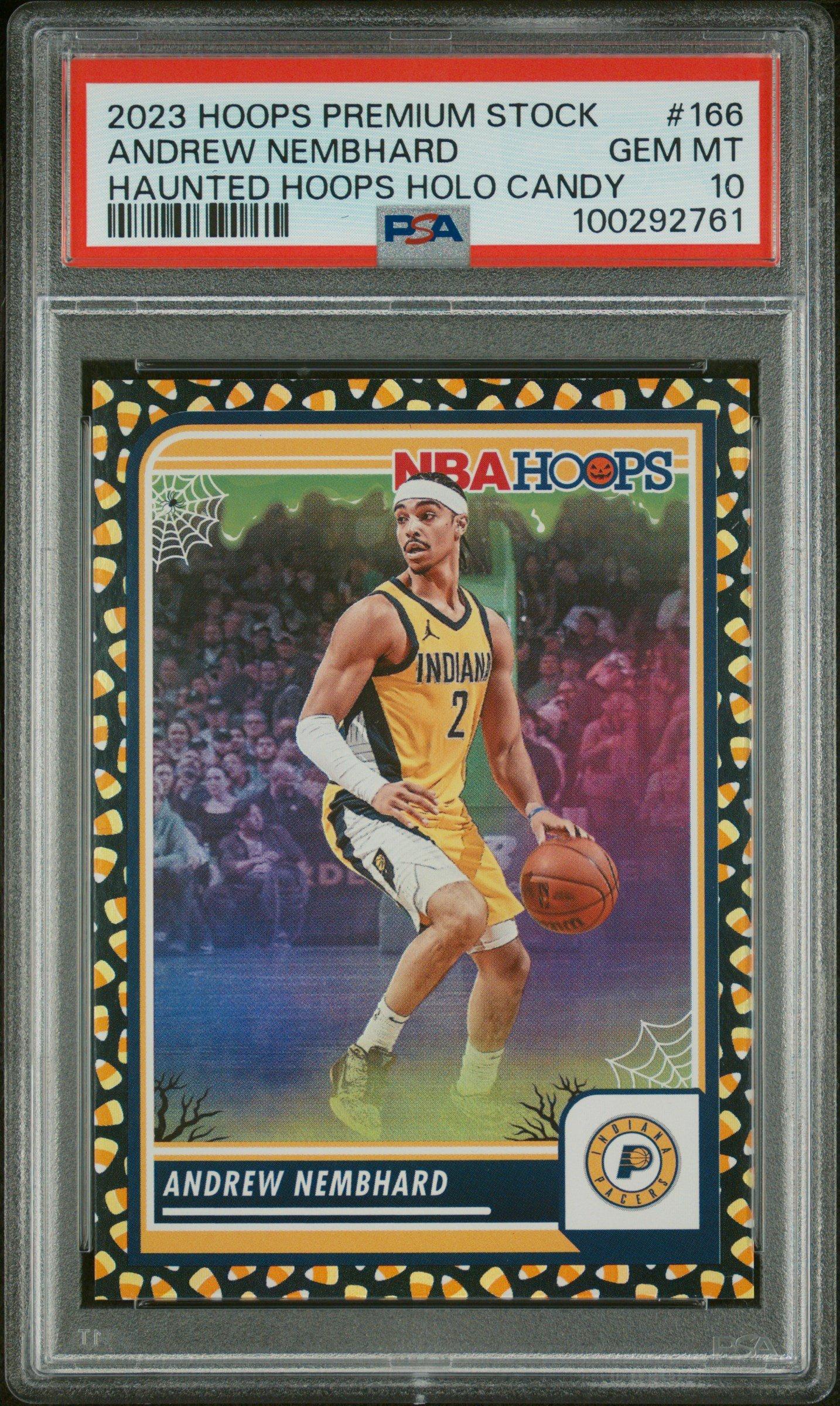 2023 Panini Hoops Premium Stock 166 Andrew Nembhard Haunted Hoops Holo Candy PSA 10