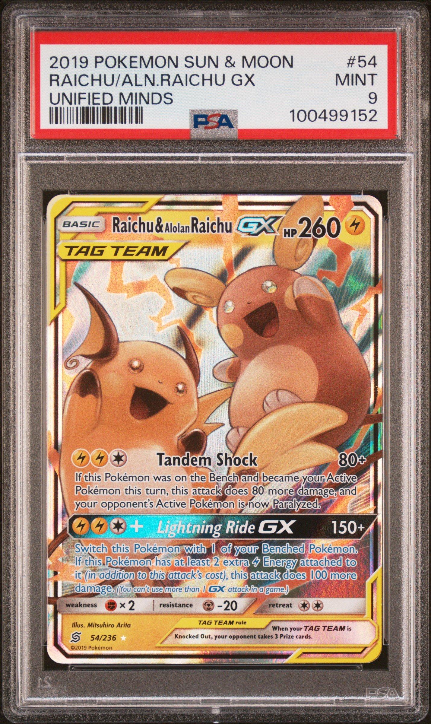 2019 Pokemon Sun & Moon Unified Minds 54 Raichu & Alolan Raichu Gx PSA
