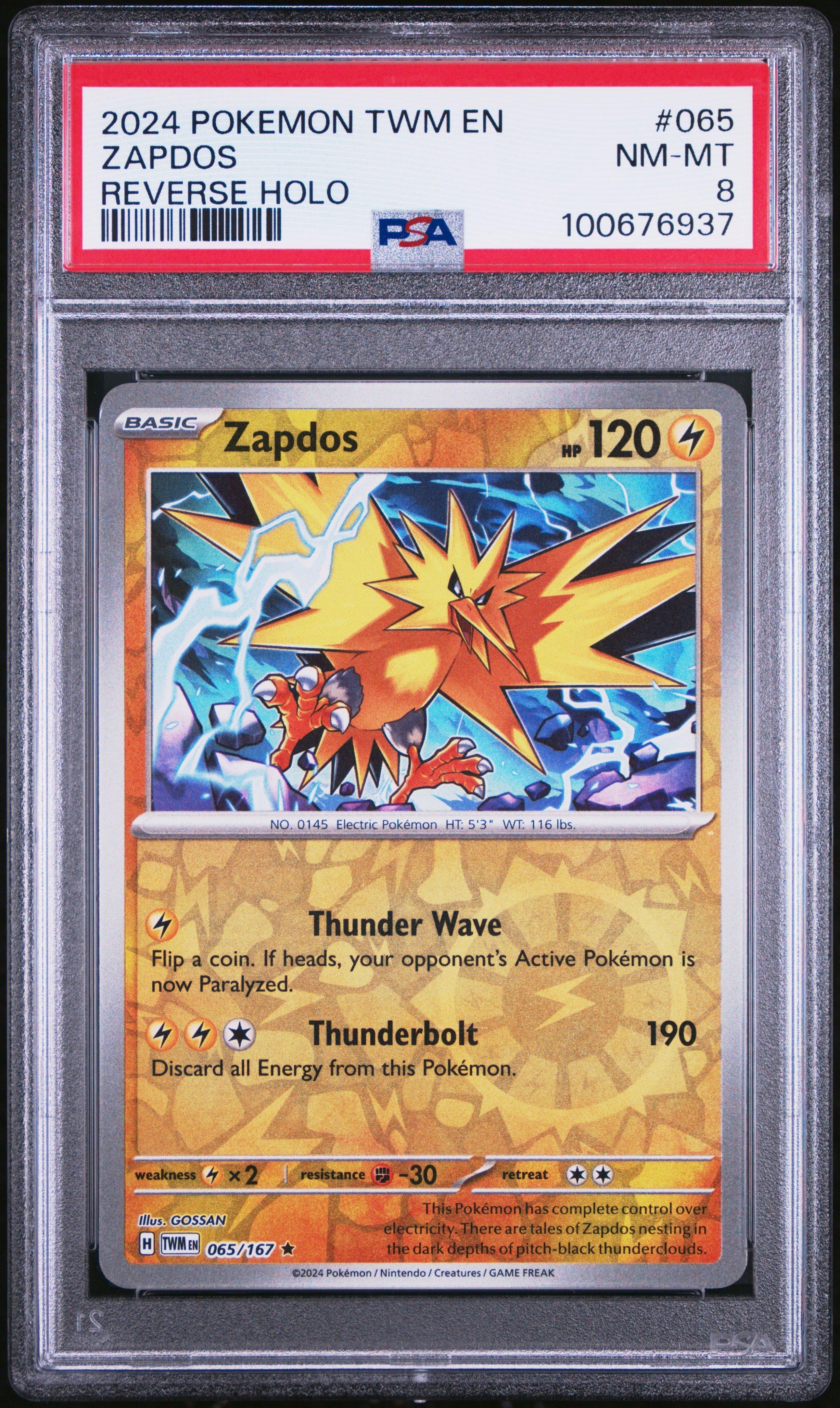 2024 Pokemon Twm En-twilight Masquerade 065 Zapdos Reverse Holo PSA 8