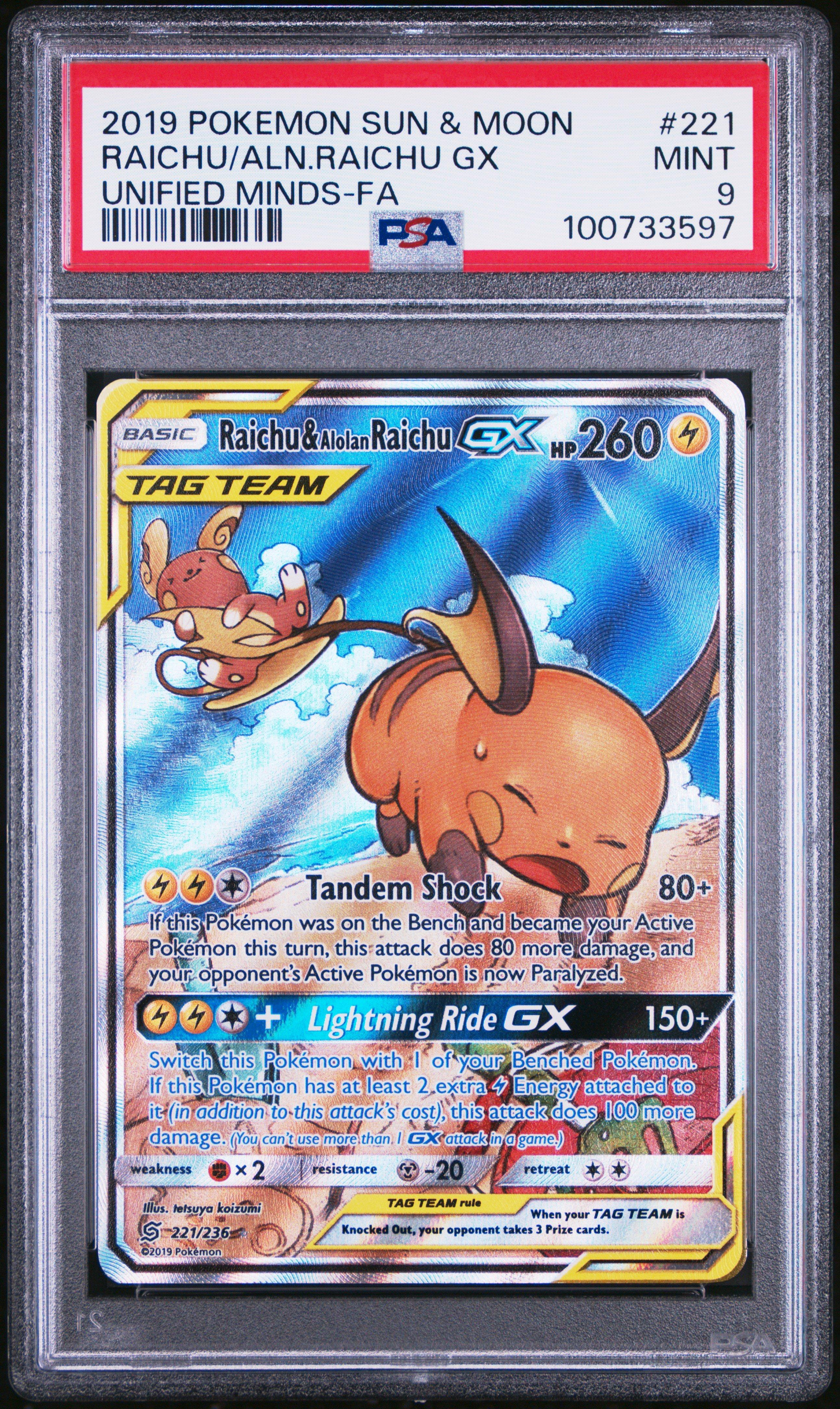 2019 Pokemon Sun & Moon Unified Minds Full Art/raichu & Alolan Raichu Gx PSA
