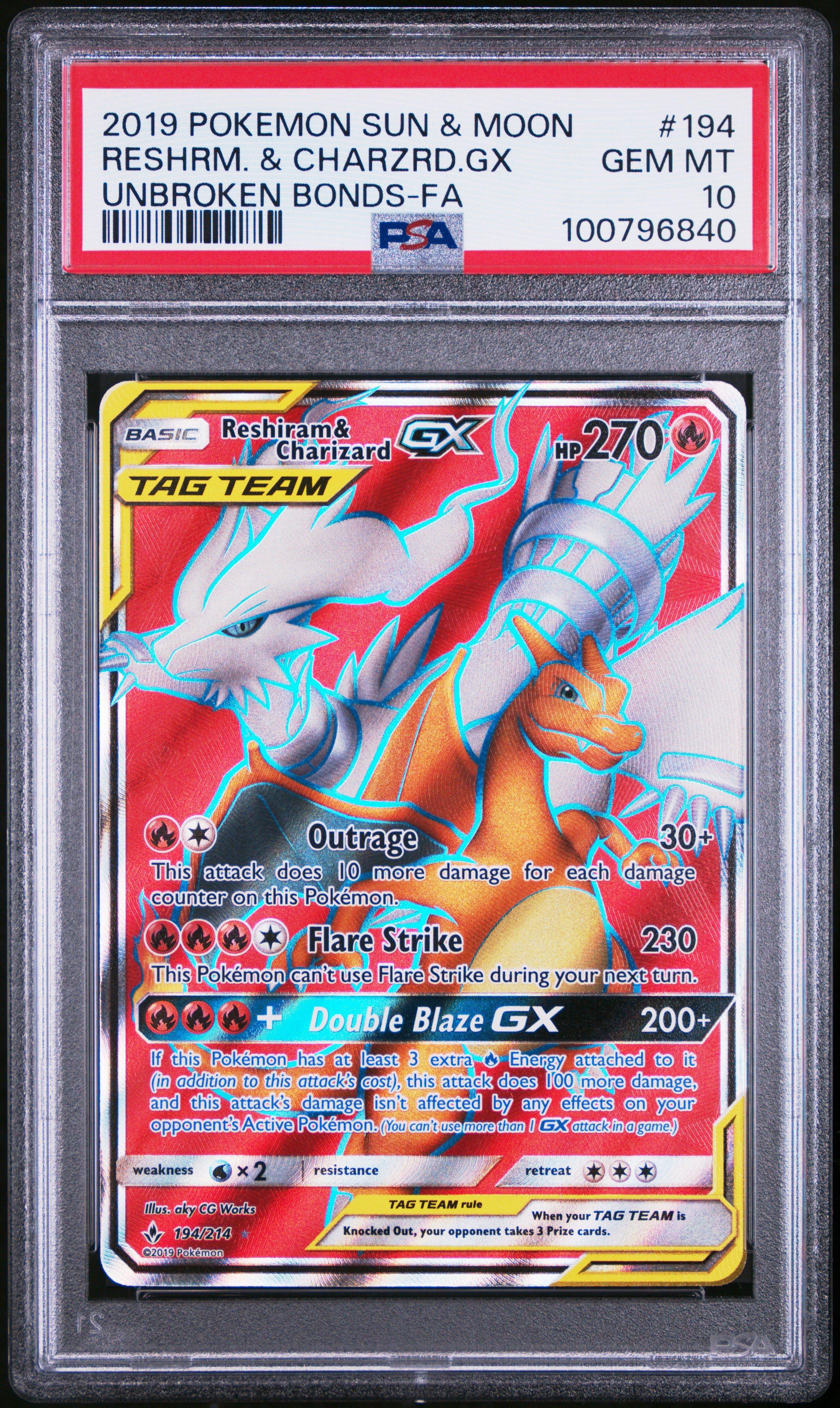 2019 Pokemon Sun & Moon Unbroken Bonds 194 Full Art/reshiram & Charizard Gx PSA