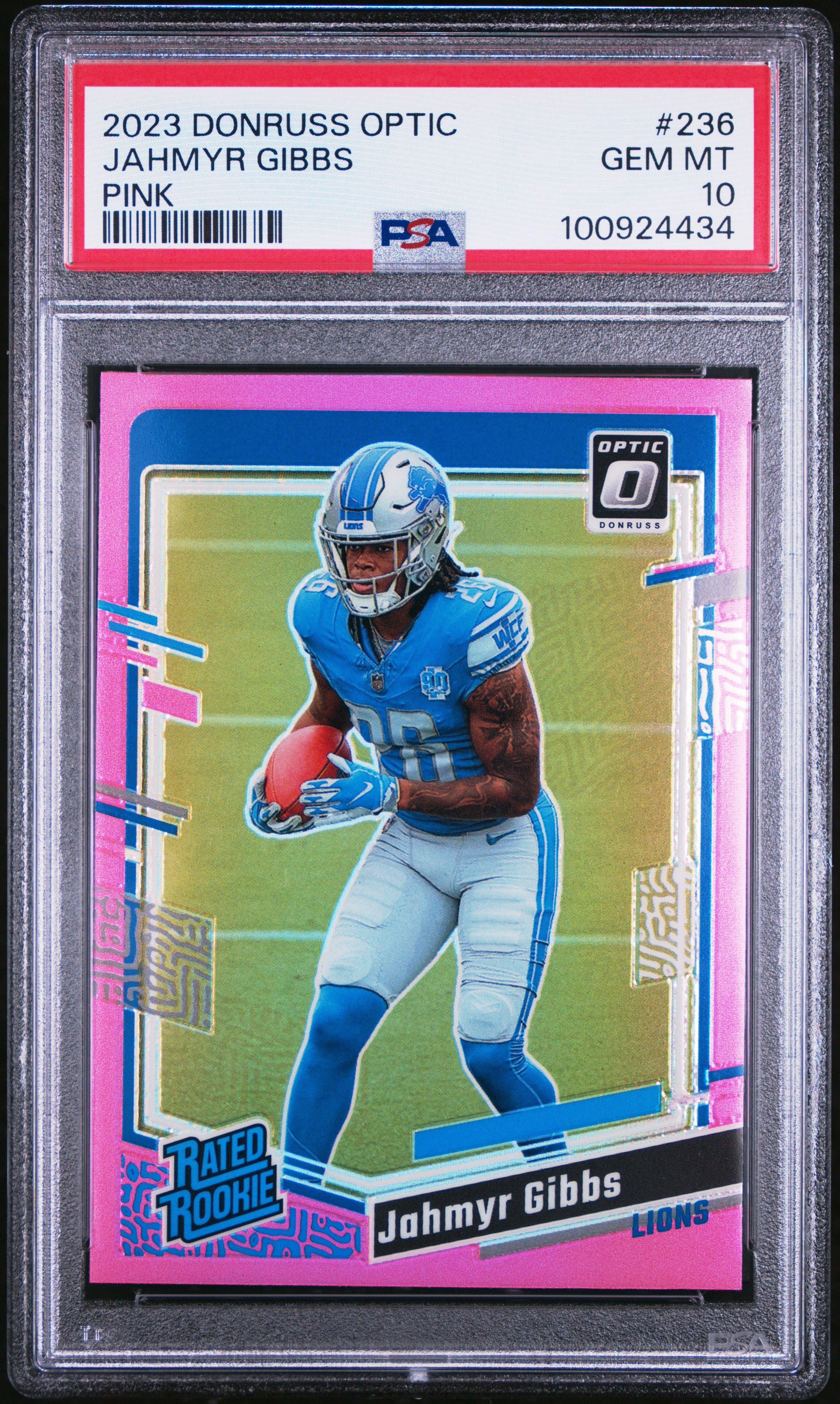 2023 Panini Donruss Optic 236 Jahmyr Gibbs Pink PSA 10