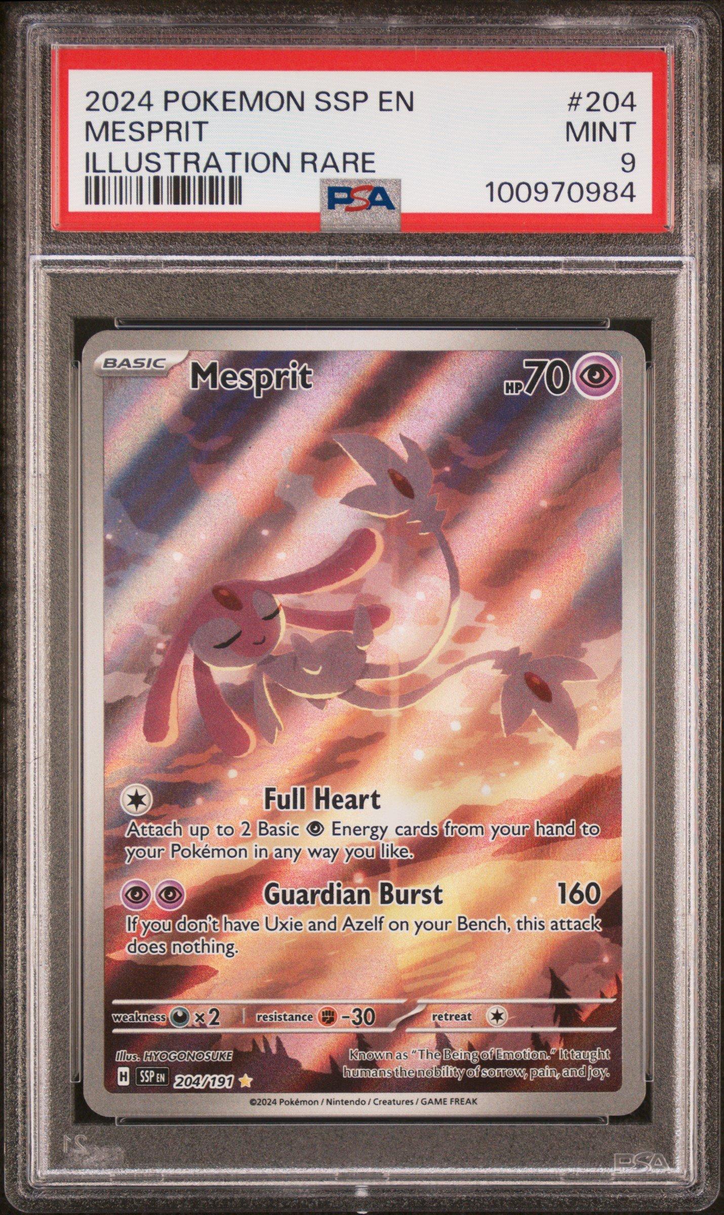 mesprit pokemon card 2024 Surging Sparks Illustration Rare #204 PSA Authenticated 9 Mental Shroud Pokmon TCG Spotlight: Some Of