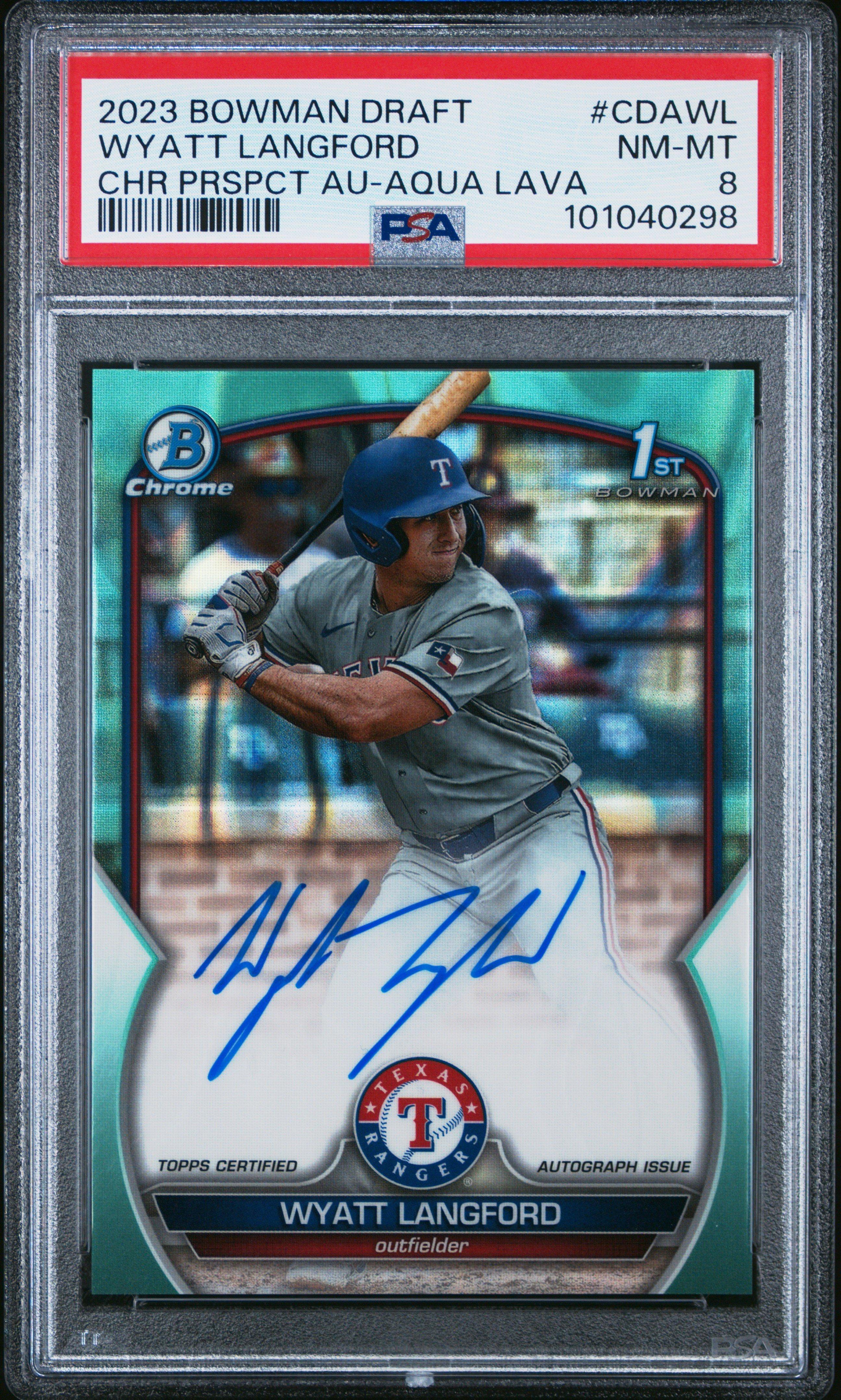 2023 Bowman Draft Chrome Prospect Autograph Cdawl Wyatt Langford Aqua Lava PSA 8