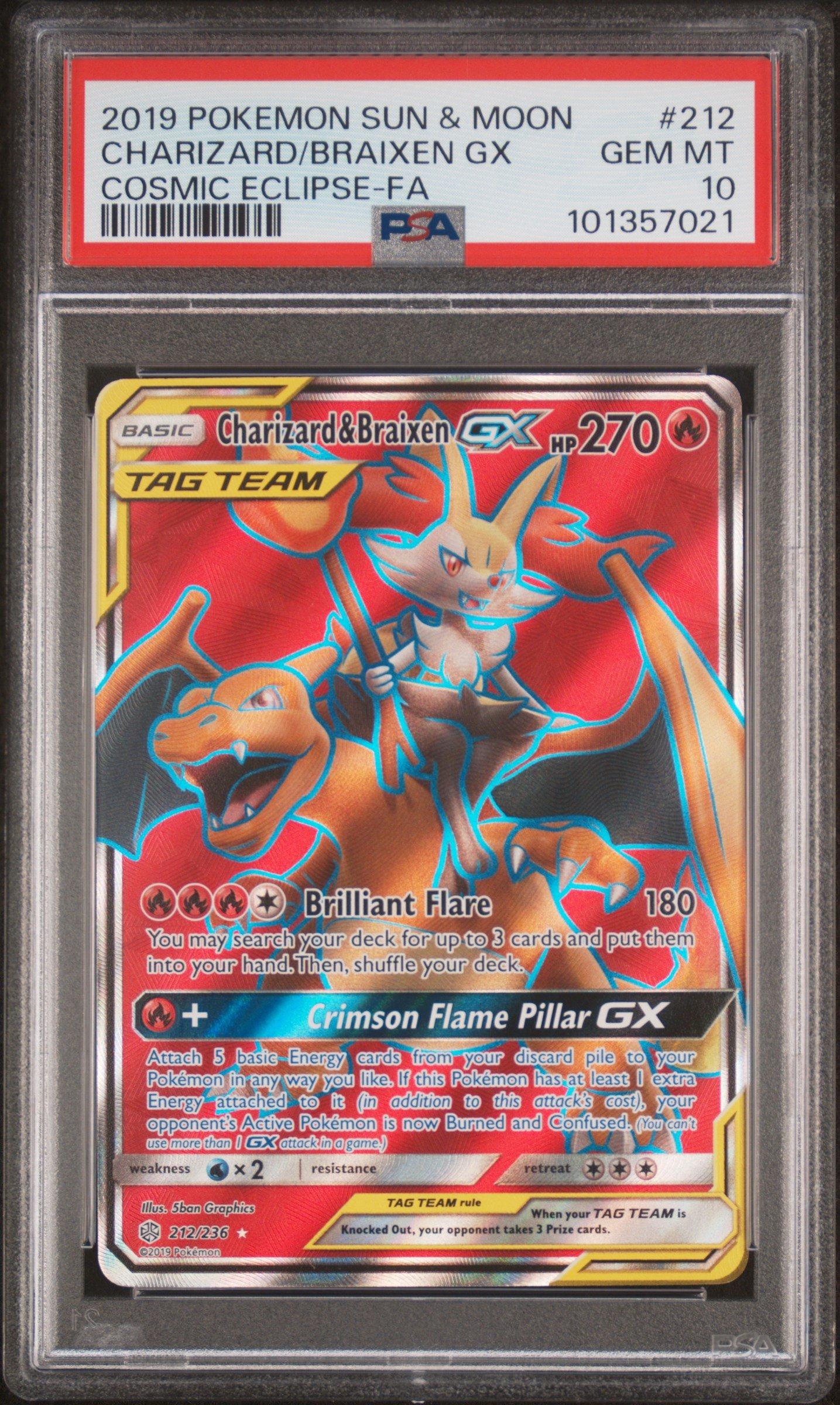 2019 Pokemon Sun & Moon Cosmic Eclipse 212 Full Art/charizard & Braixen Gx PSA