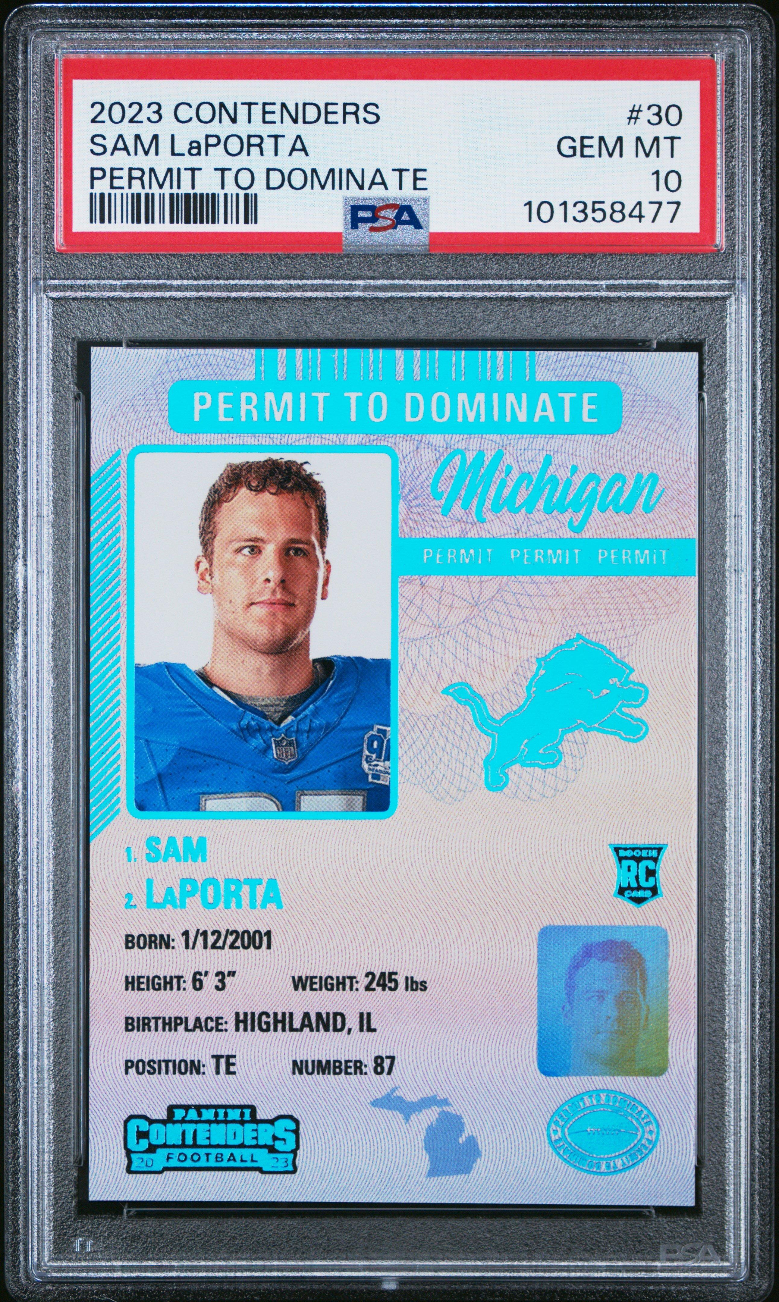 2023 Panini Contenders Permit To Dominate 30 Sam Laporta PSA