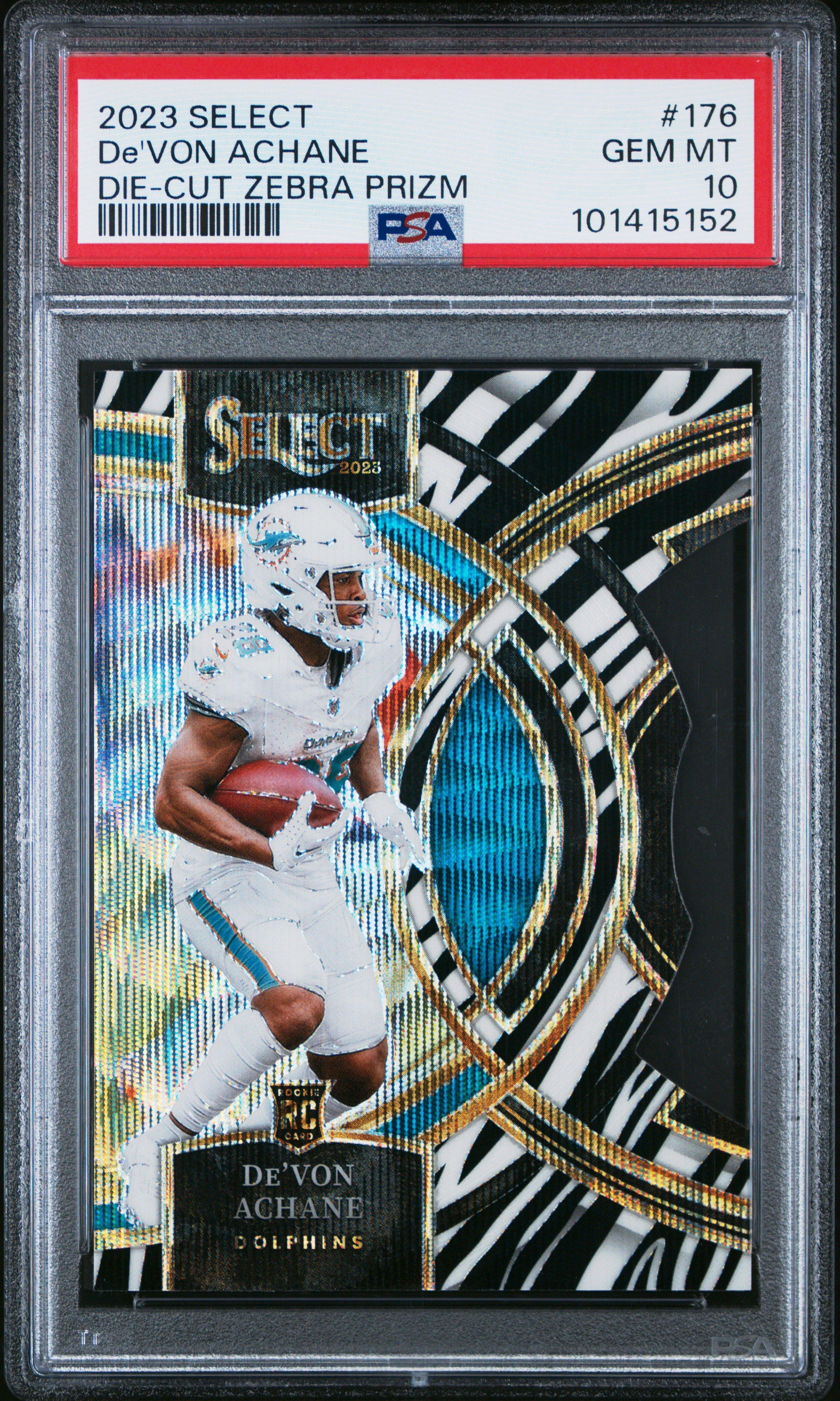 2023 Panini Select 176 De'von Achane Die-cut Zebra Prizm PSA 10