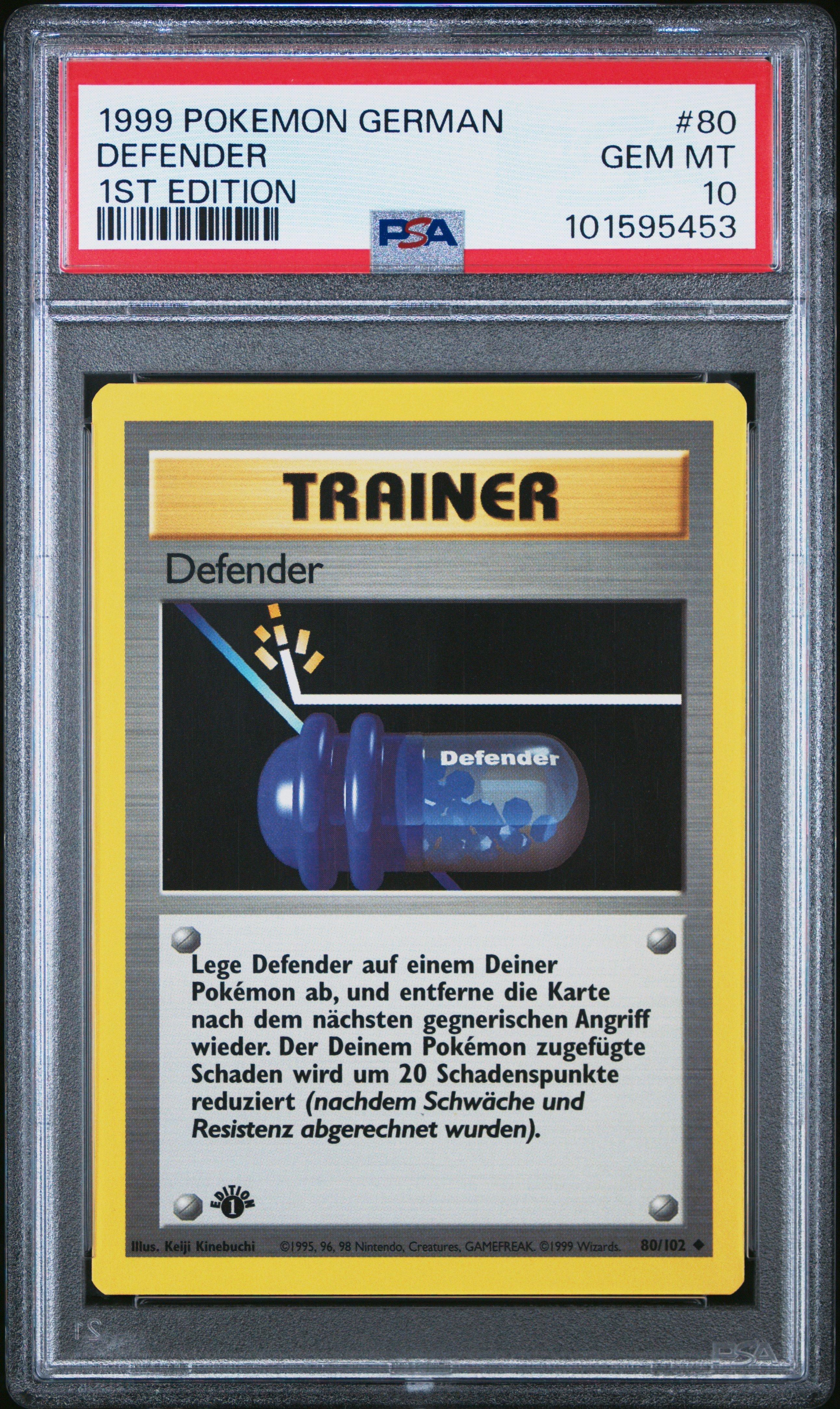 1999 Pokemon German 80 Defender 1st Edition PSA 10 Graded Card