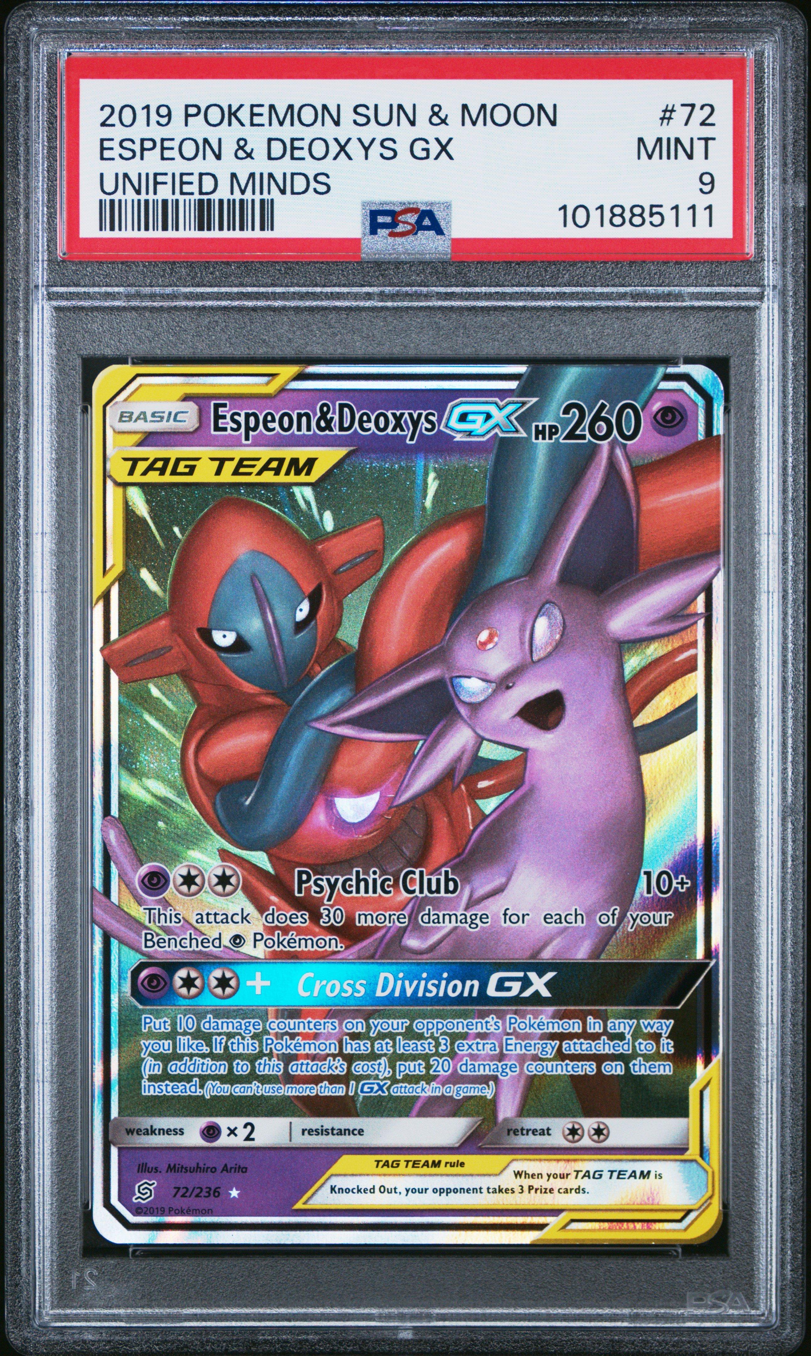 2019 Pokemon Sun & Moon Unified Minds 72 Espeon & Deoxys Gx PSA