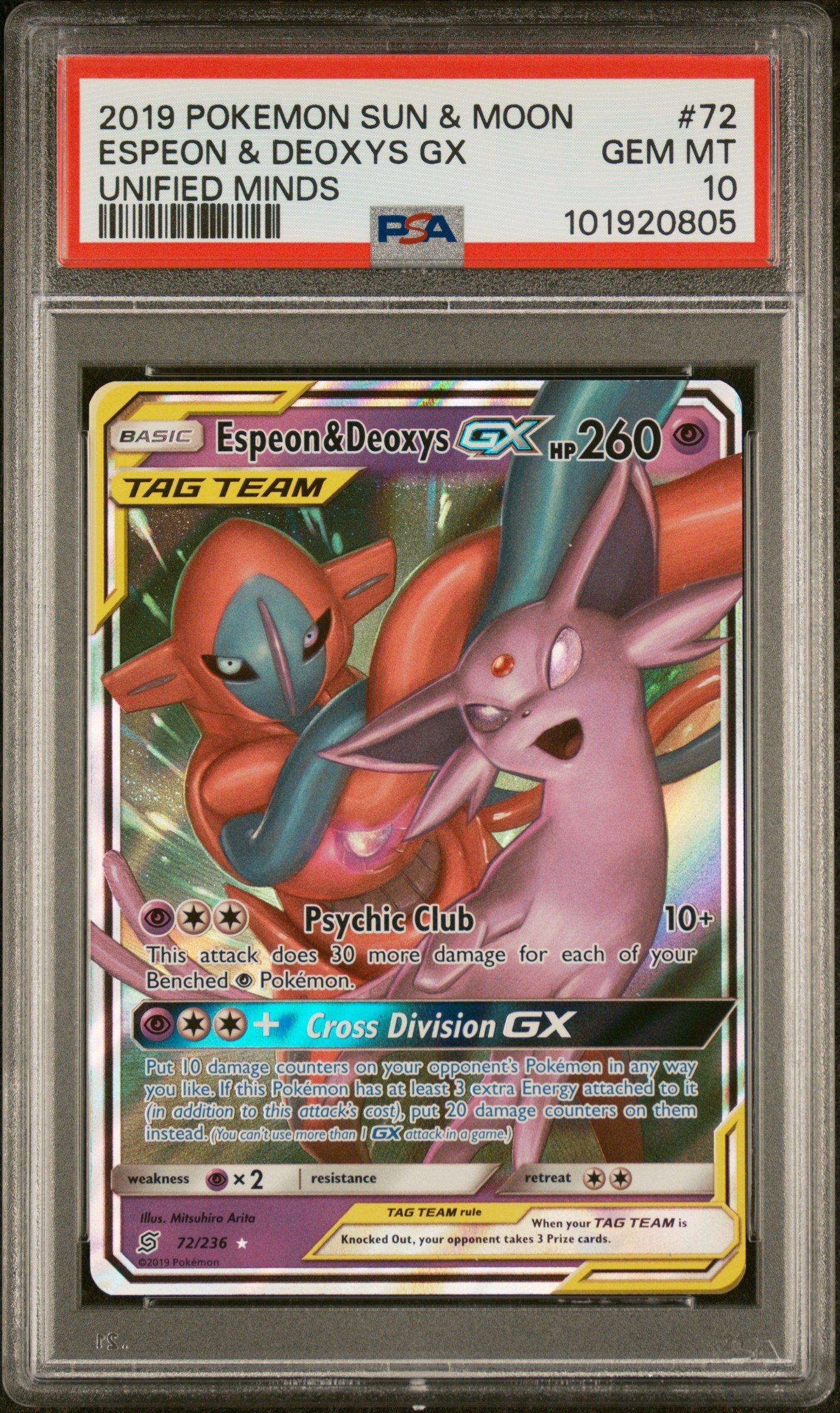 2019 Pokemon Sun & Moon Unified Minds 72 Espeon & Deoxys Gx PSA