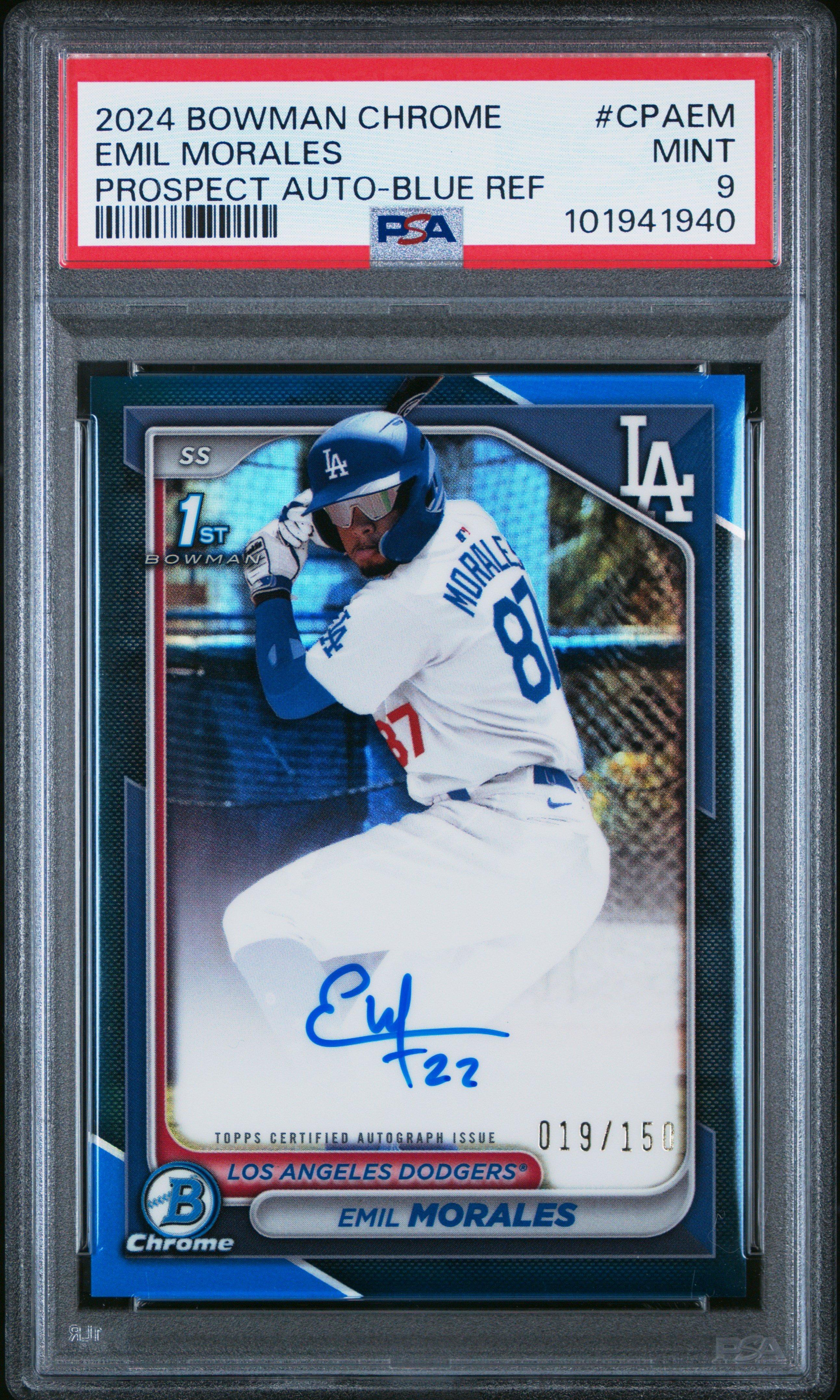 2024 Bowman Chrome Prospect Autographs Cpaem Emil Morales Blue Refractor PSA 9