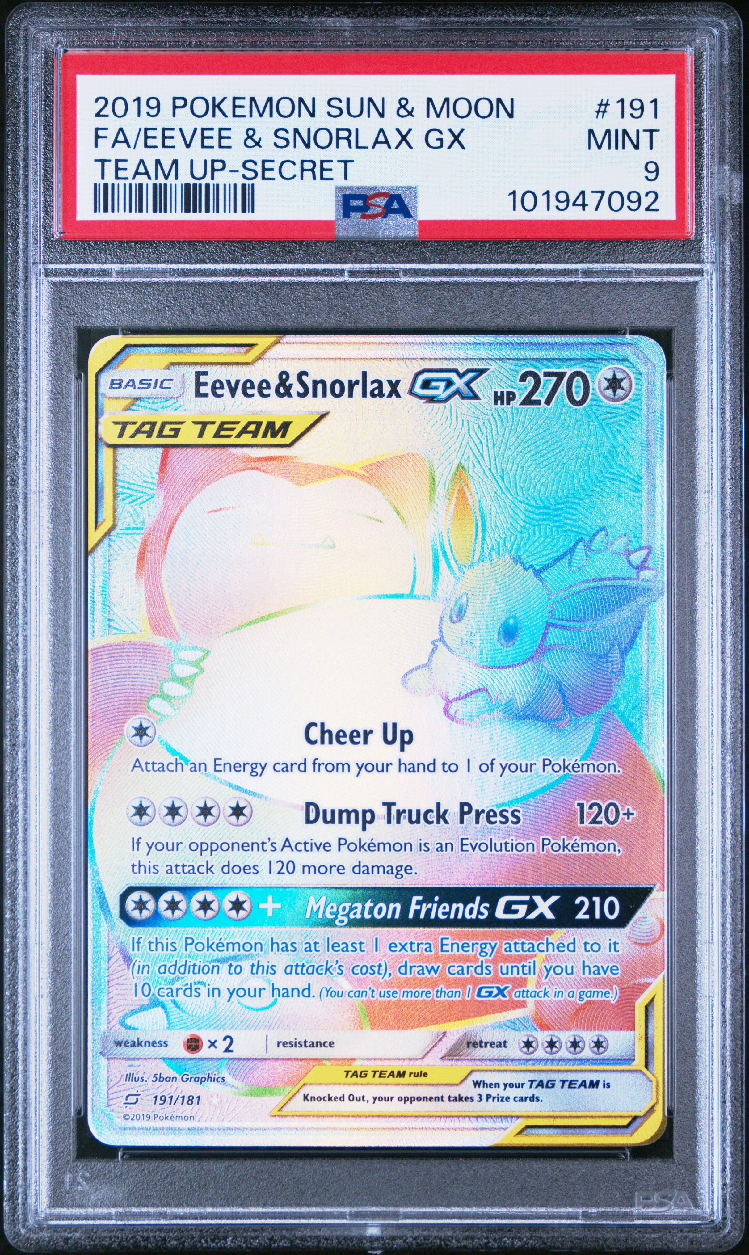 2019 Pokemon Sun & Moon Team Up 191 Full Art/eevee & Snorlax Gx Secret PSA