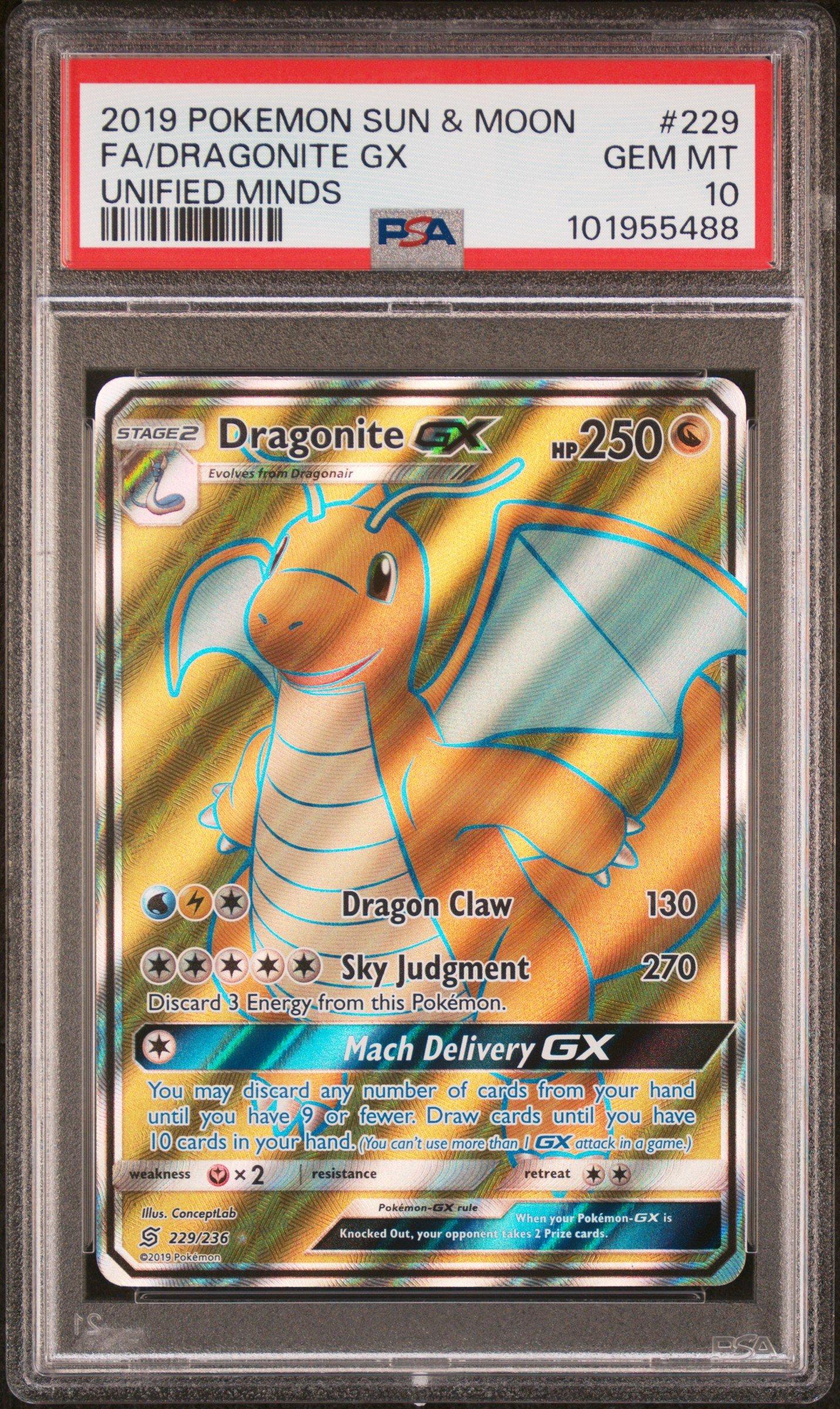 2019 Pokemon Sun & Moon Unified Minds 229 Full Art/dragonite Gx PSA 10
