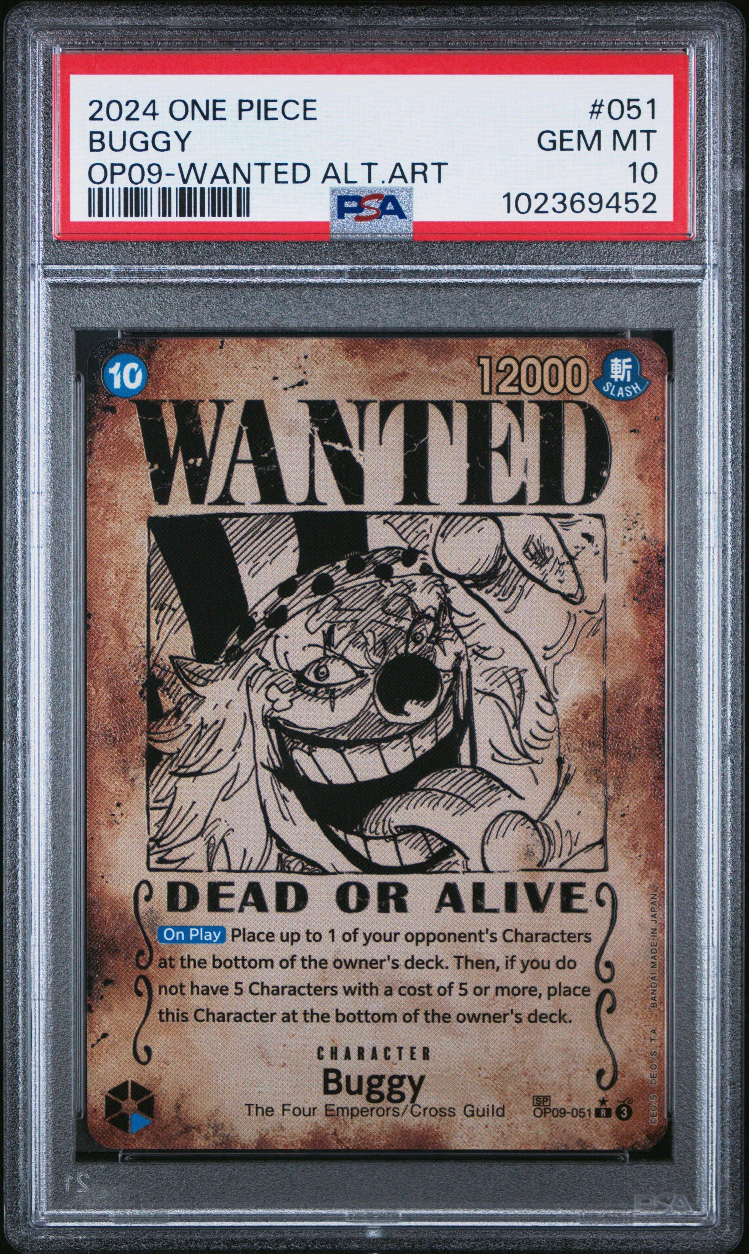 2024 One Piece Op09-emperors In The New World 051 Buggy Wanted Alternate Art PSA 10
