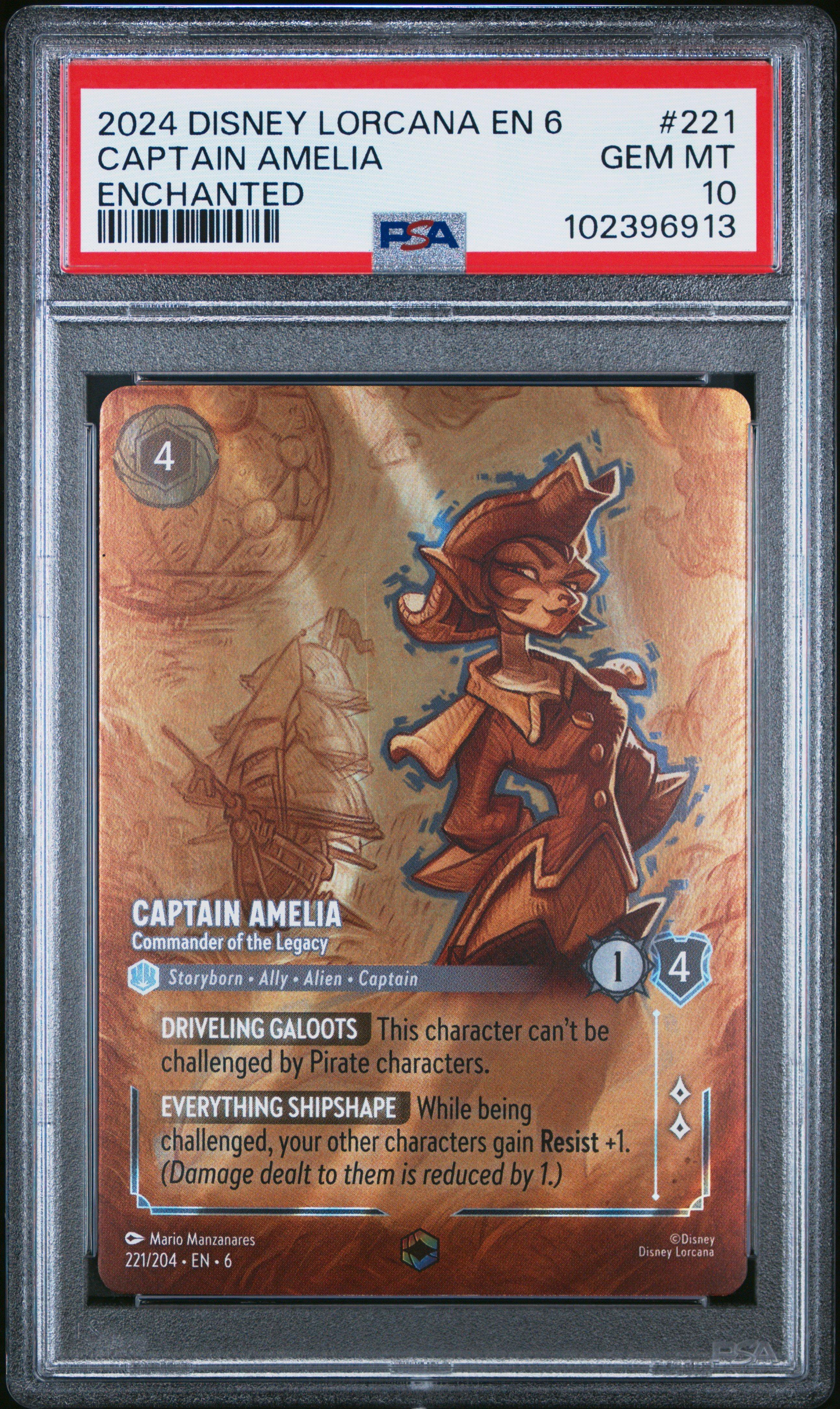 2024 Disney Lorcana En 6-azurite Sea 221 Captain Amelia - Commander Of The Legacy Enchanted PSA 10