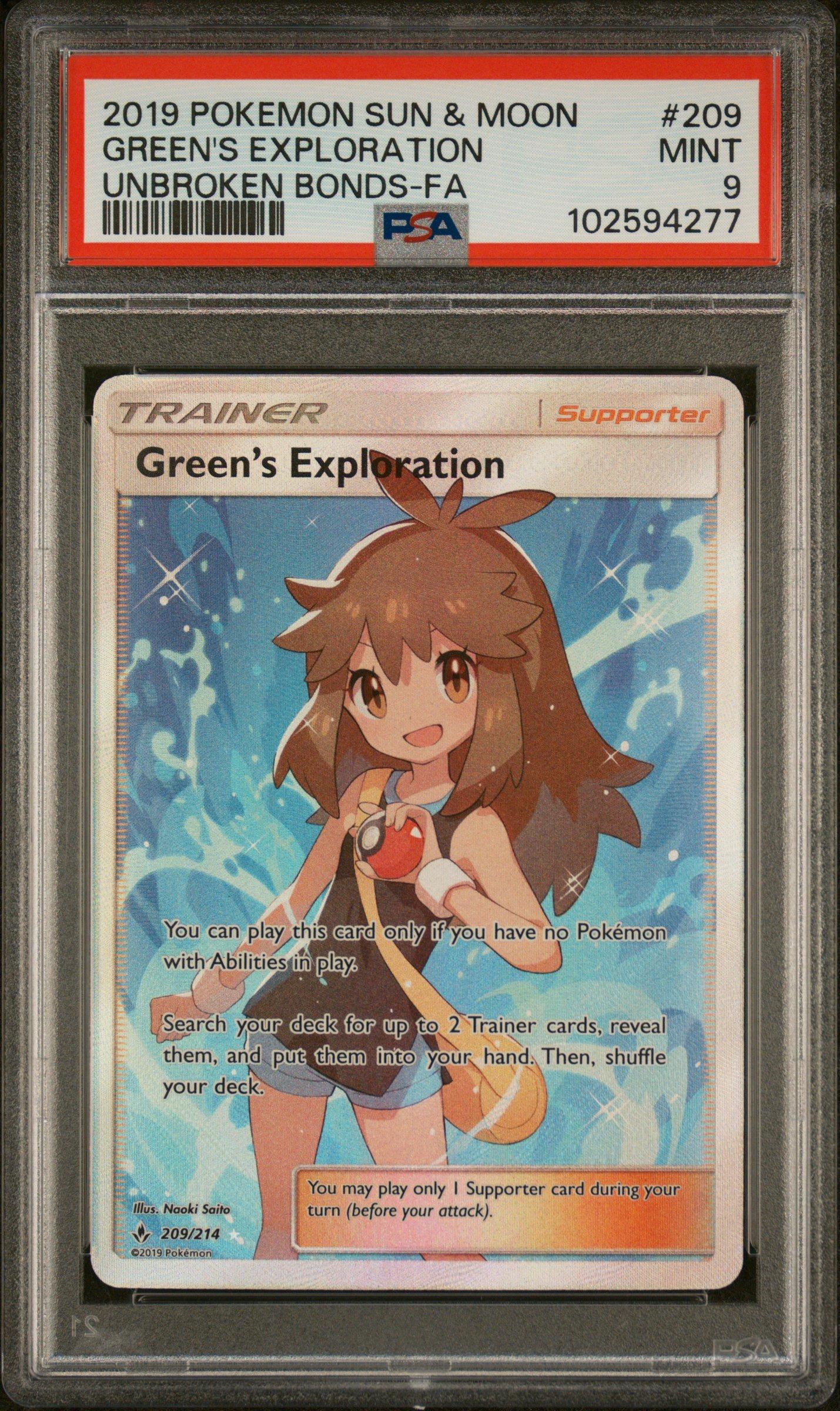 2019 Pokemon Sun & Moon Unbroken Bonds 209 Full Art/green's Exploration PSA 9