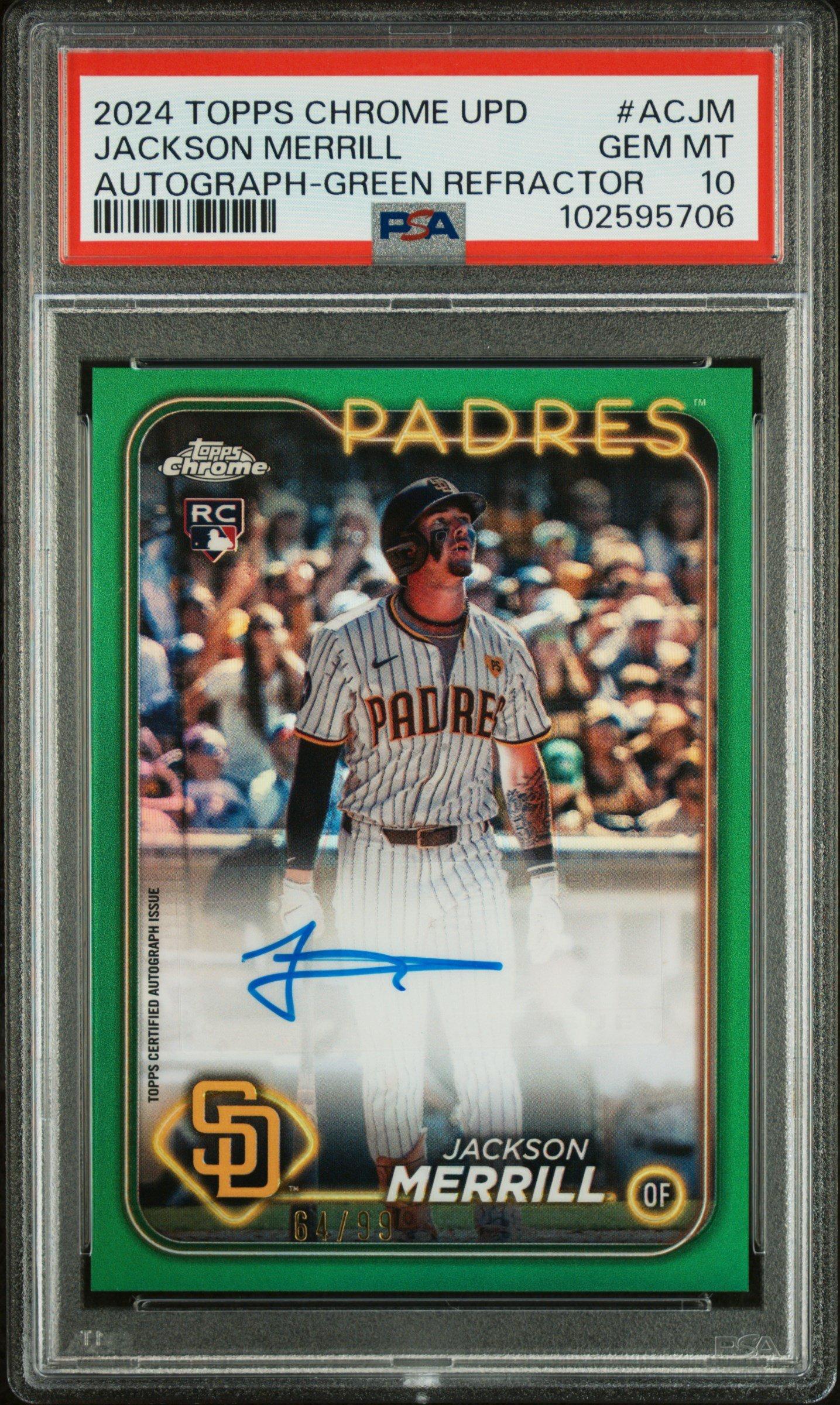 2024 Topps Chrome Update Chrome Baseball Update Series Autographs Acjm Jackson Merrill Green Refractor PSA 10