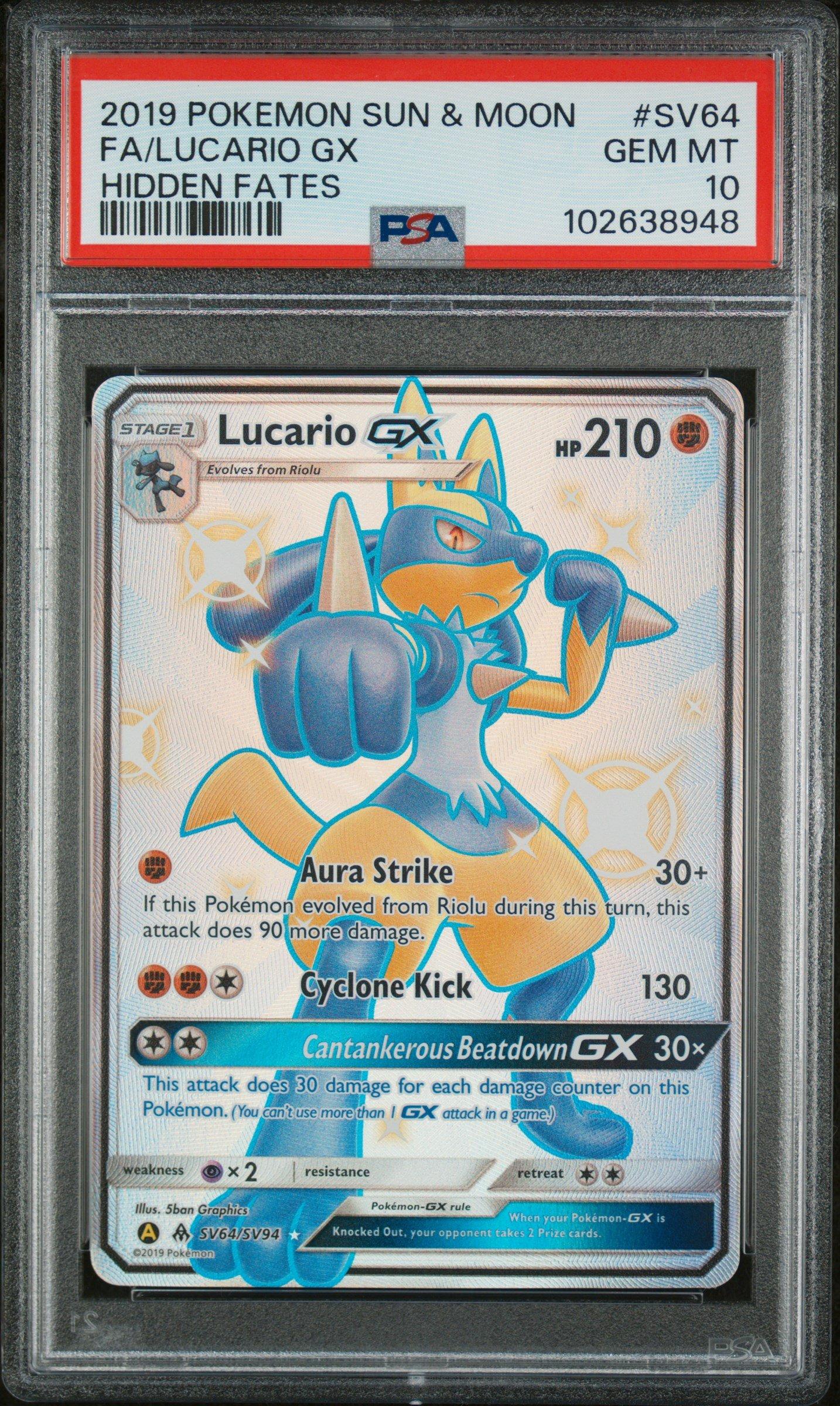 2019 Pokemon Sun & Moon Hidden Fates Sv64 Full Art/lucario Gx PSA