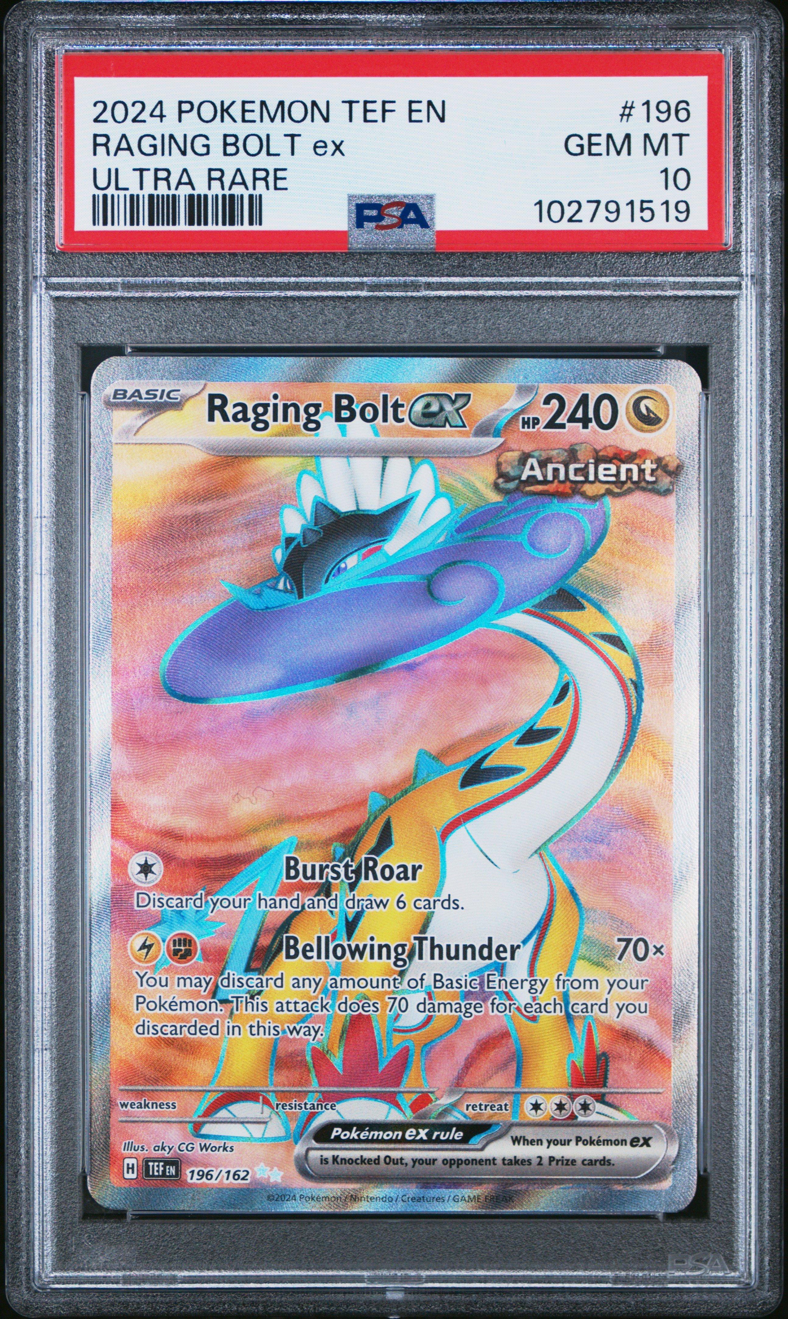 2024 Pokemon Tef En-temporal Forces 196 Raging Bolt Ex Ultra Rare PSA