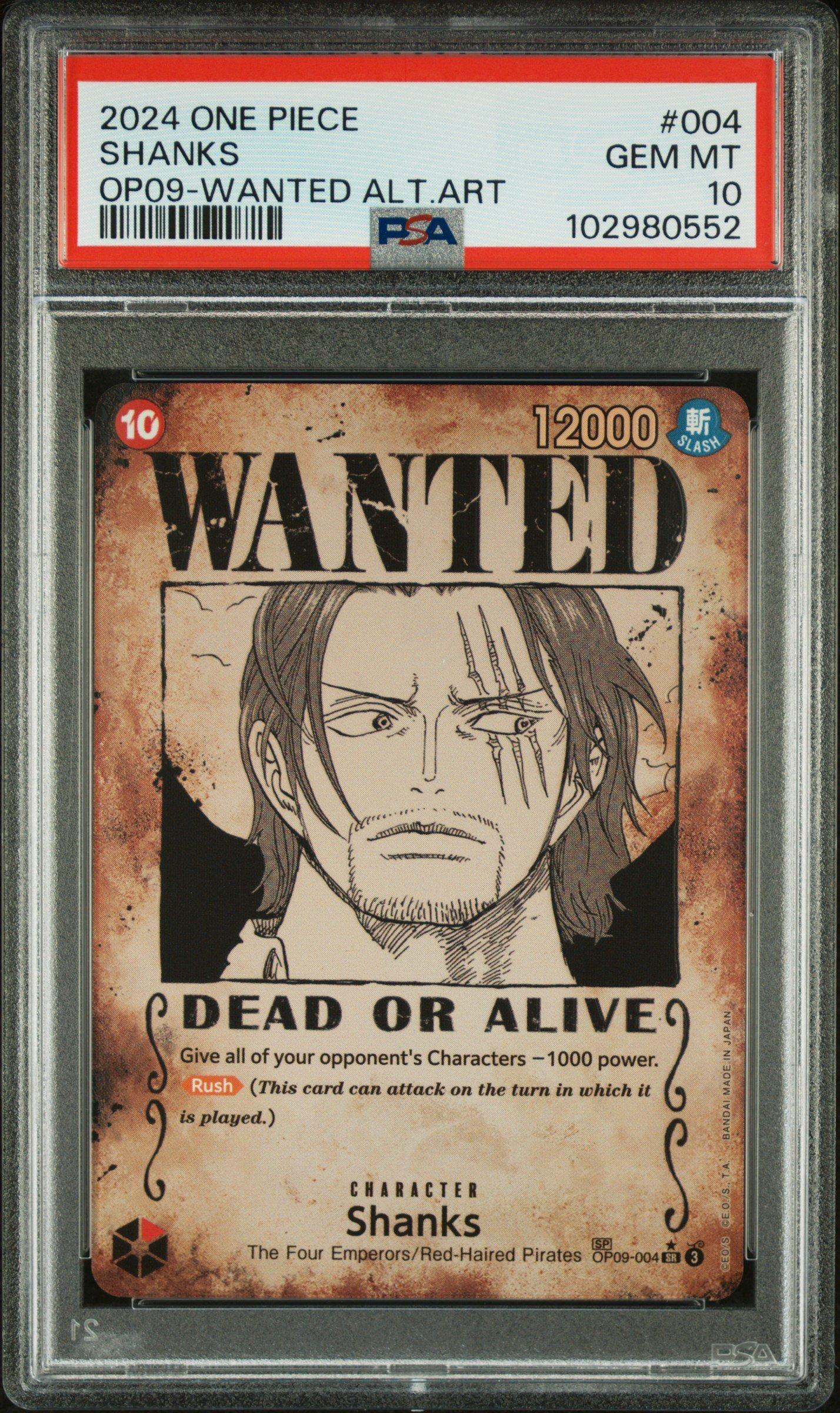 2024 One Piece Op09-emperors In The New World 004 Shanks Wanted Alternate Art PSA 10