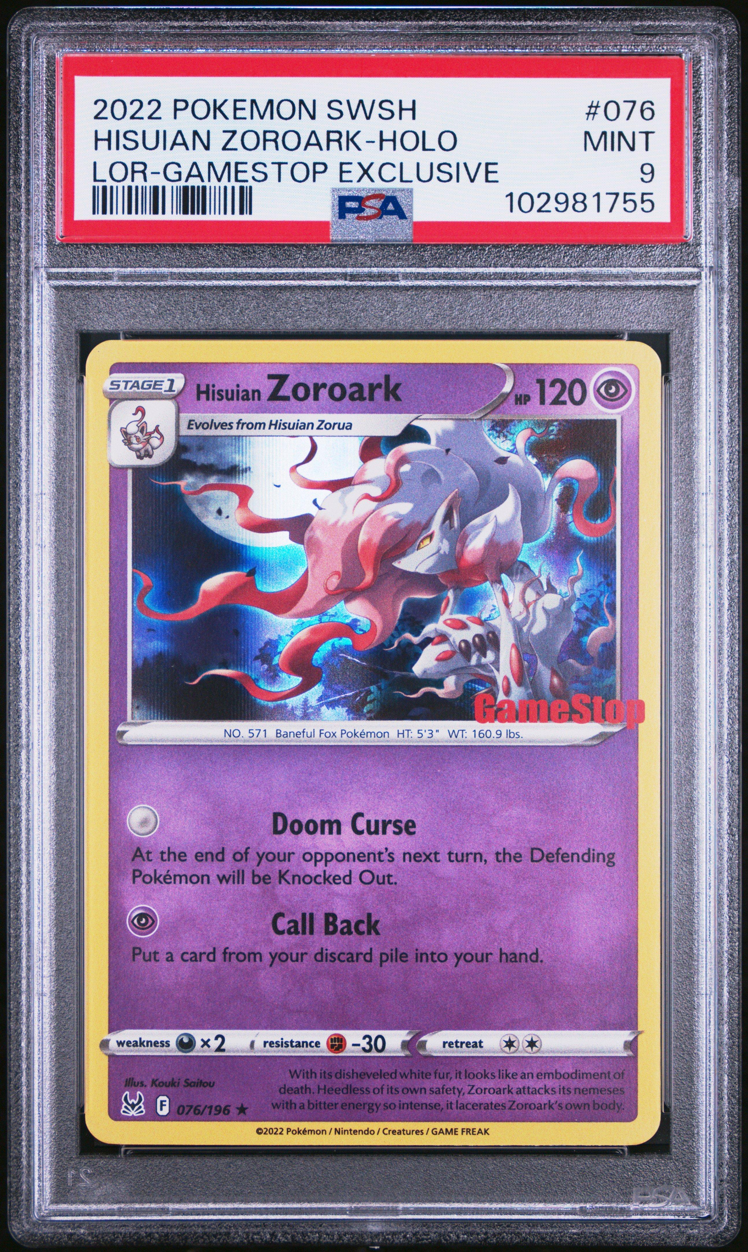 2022 Pokemon Sword & Shield Lost Origin 076 Hisuian Zoroark-holo Gamestop Exclusive PSA 9