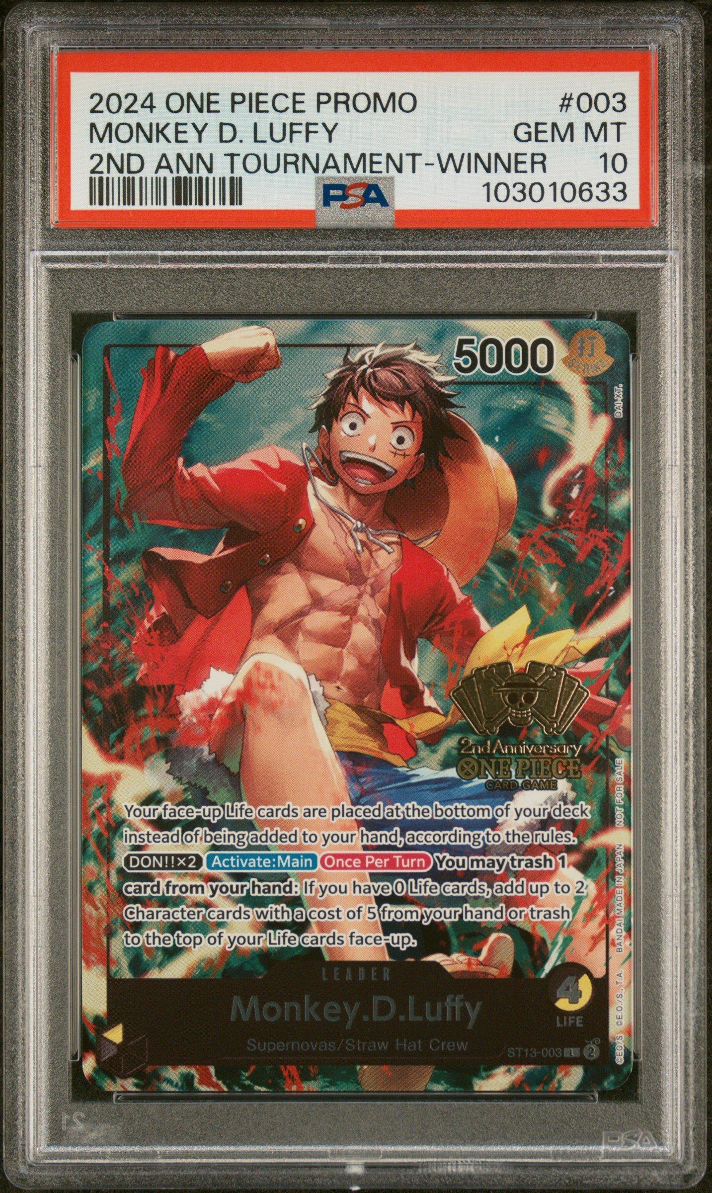 2024 One Piece Promos 003 Monkey D. Luffy 2nd Anniversary Tournament-winner PSA 10