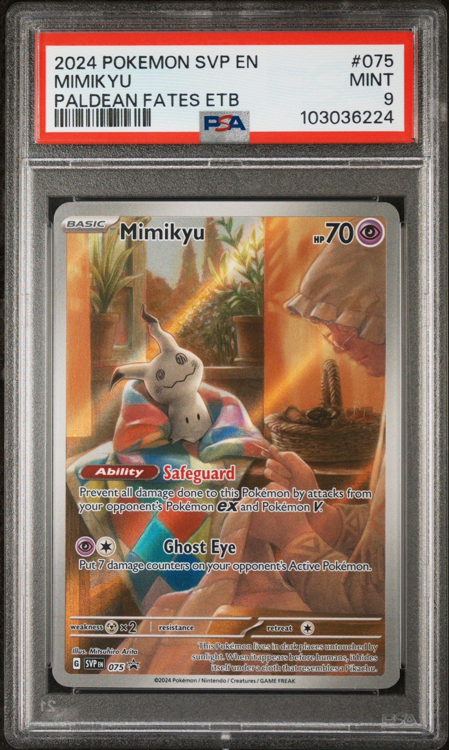 075 pokemon card 2024 Pokemon Svp En-sv Black Star Promo 075 Mimikyu Paldean Fates Elite  Trainer Box PSA 9