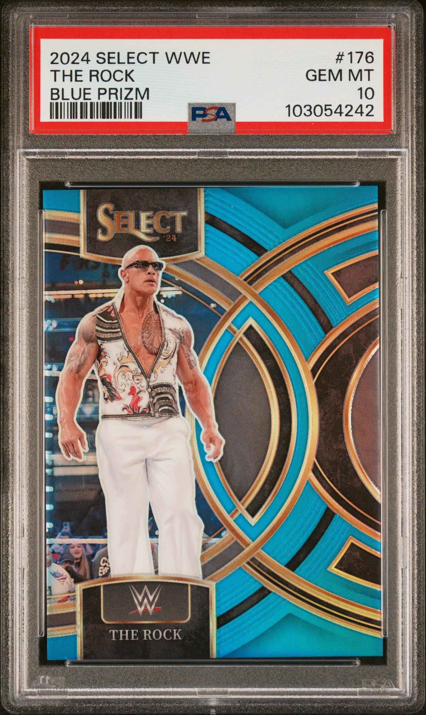 2024 Panini Select Wwe 176 The Rock Blue Prizm PSA 10 Graded Card