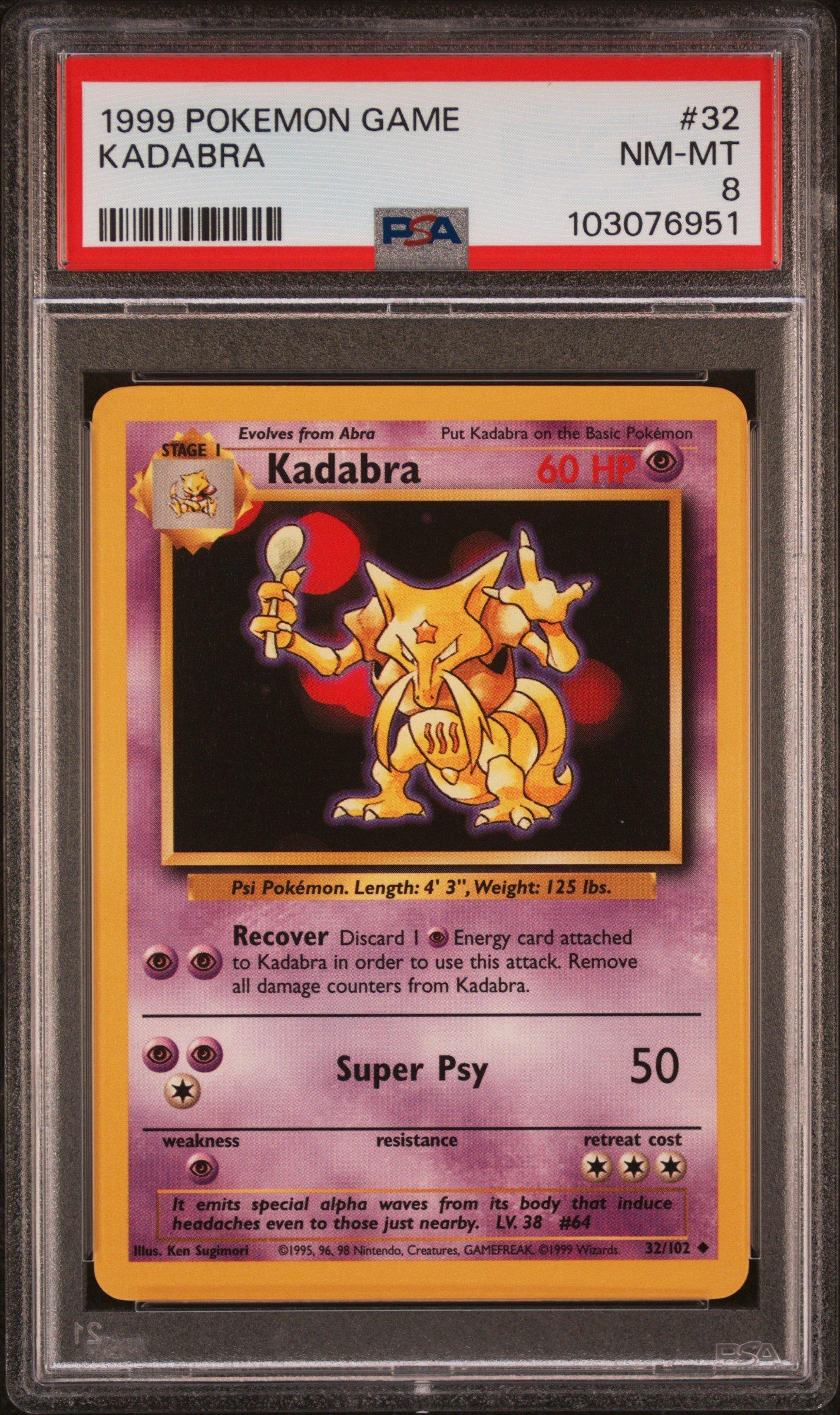 1995 kadabra pokemon card value 32/102 - - - Base Set - Collectible (Any other effects that would happen after applying Weakness and Resistance still happen.) Weakness Psychic 2 Retreat Cost Kadabra 32/102 Prices - PokeScreener