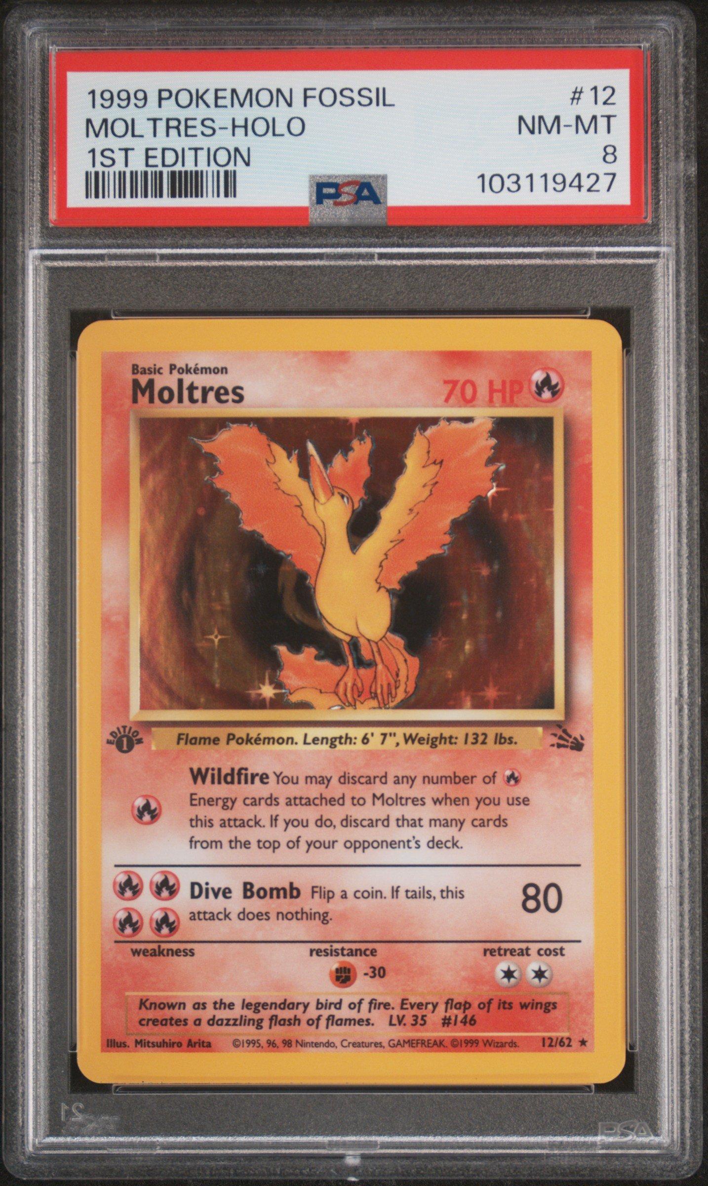 1999 Pokemon Fossil 12 Moltres-holo 1st Edition PSA 8 Graded Card