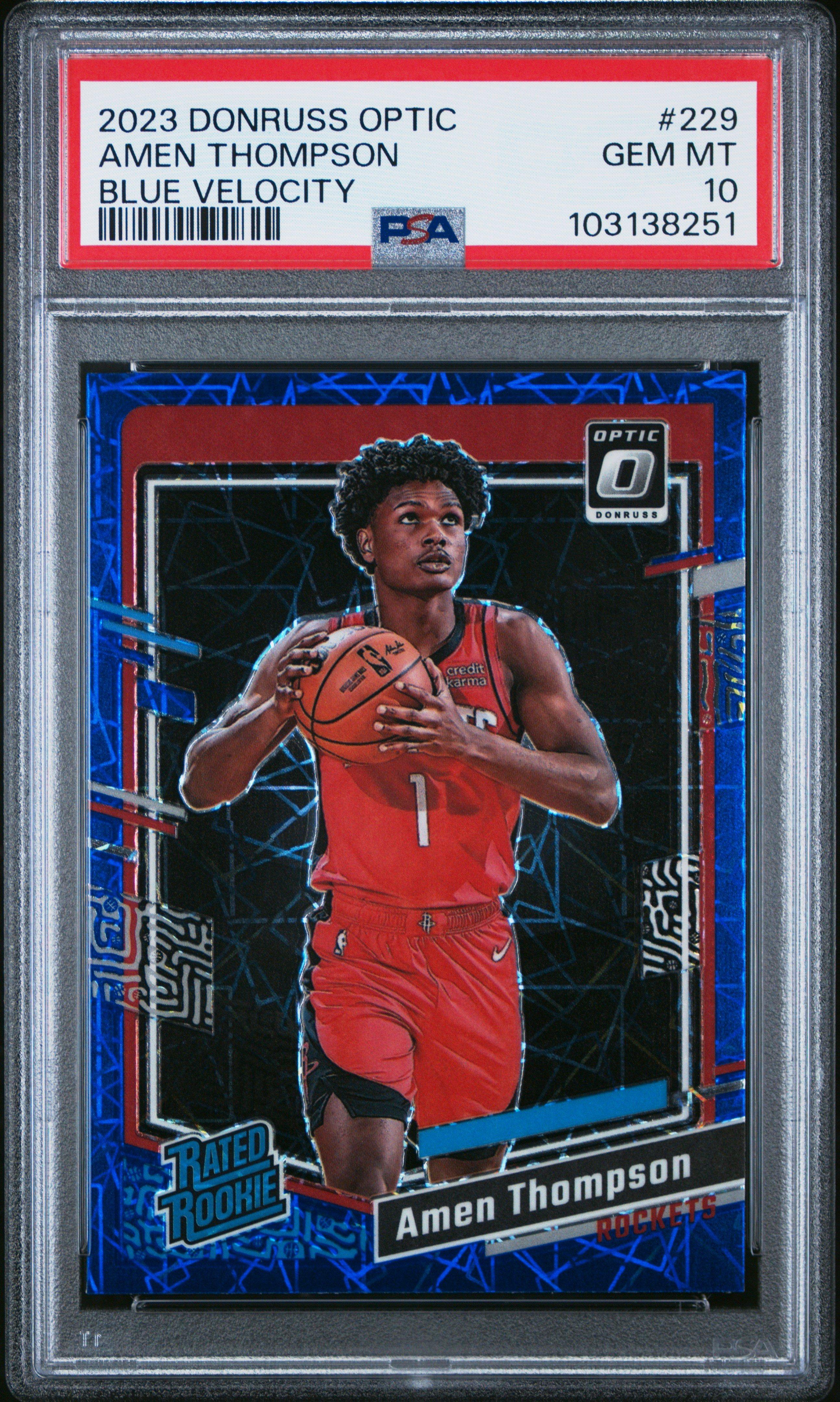 2023 Panini Donruss Optic 229 Amen Thompson Blue Velocity PSA 10