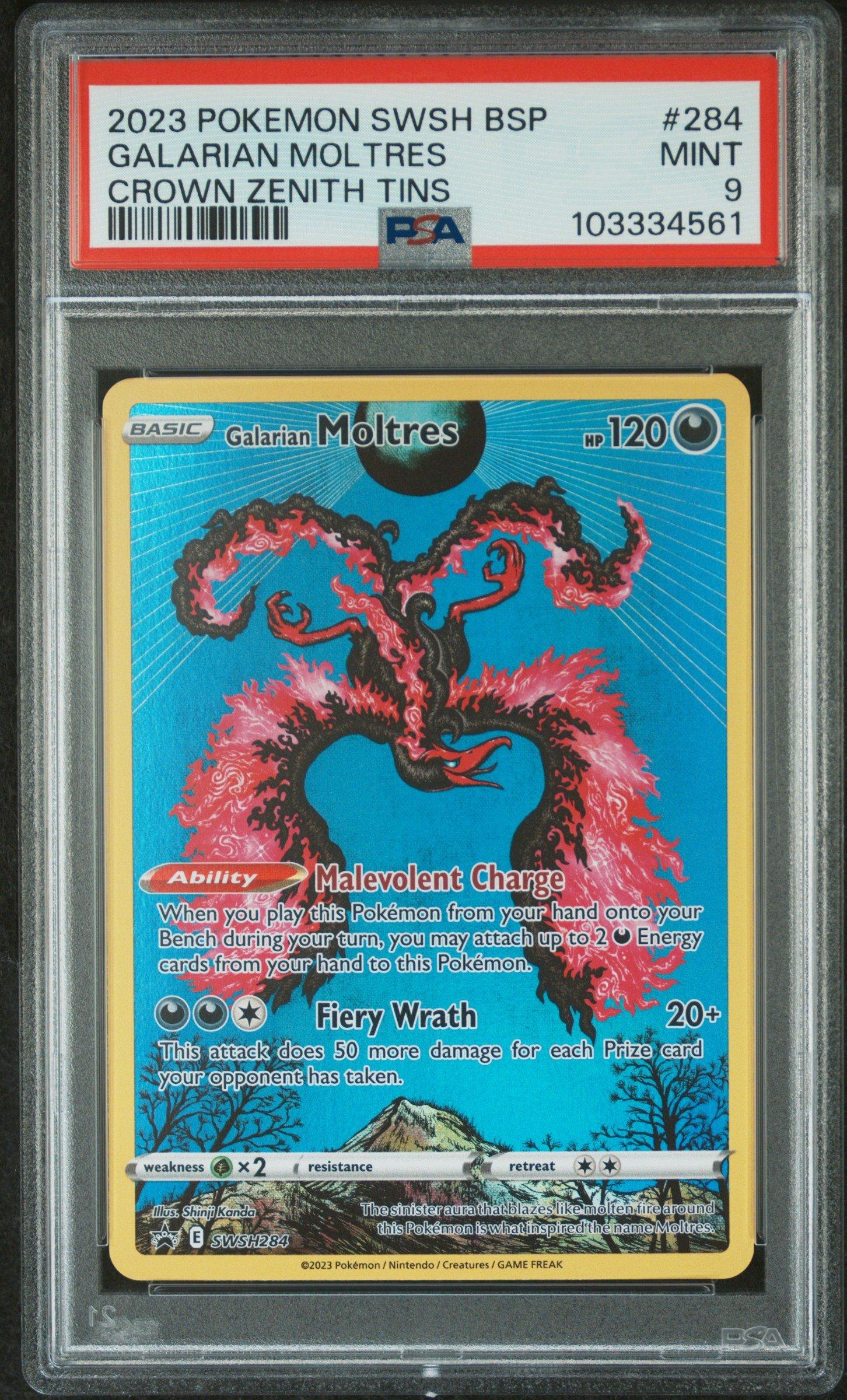 2022 Pokemon Sword & Shield Silver Tempest 284 Galarian Moltres Crown Zenith Tin PSA