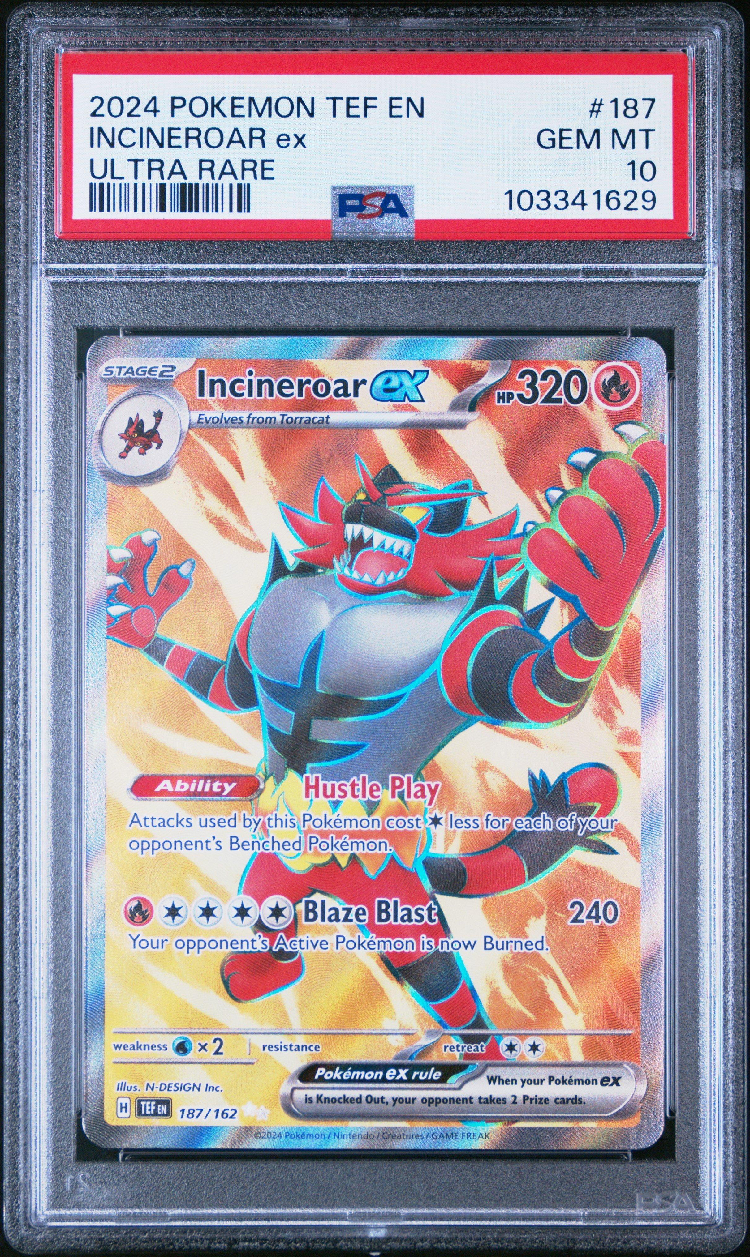 2024 Pokemon Tef En-temporal Forces 187 Incineroar Ex Ultra Rare PSA