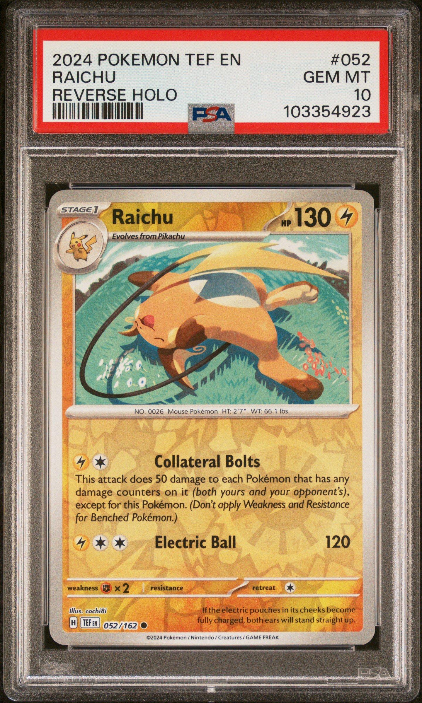 2024 Pokemon Tef En-temporal Forces 052 Raichu Reverse Holo PSA 10
