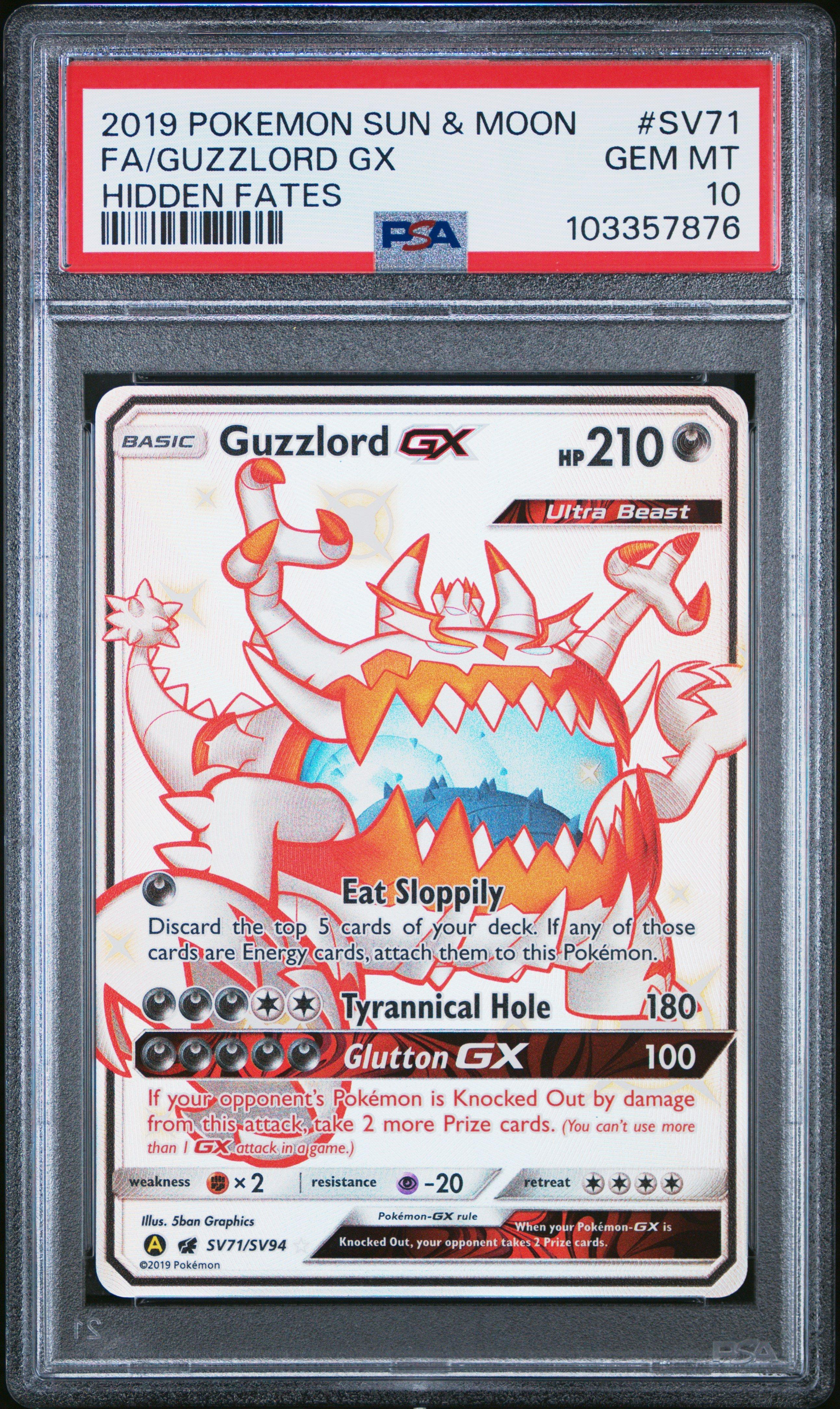 2019 Pokemon Sun & Moon Hidden Fates Sv71 Full Art/guzzlord Gx PSA