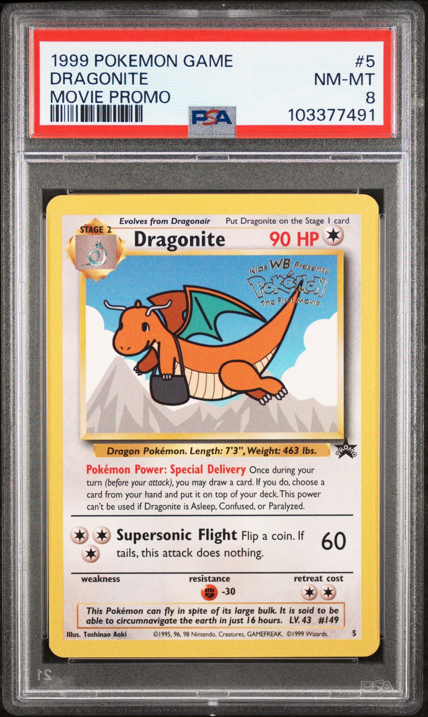 1999 dragonite pokemon card 1999 Pokemon Game Movie 5 Dragonite Movie Promo PSA 8 Graded Card