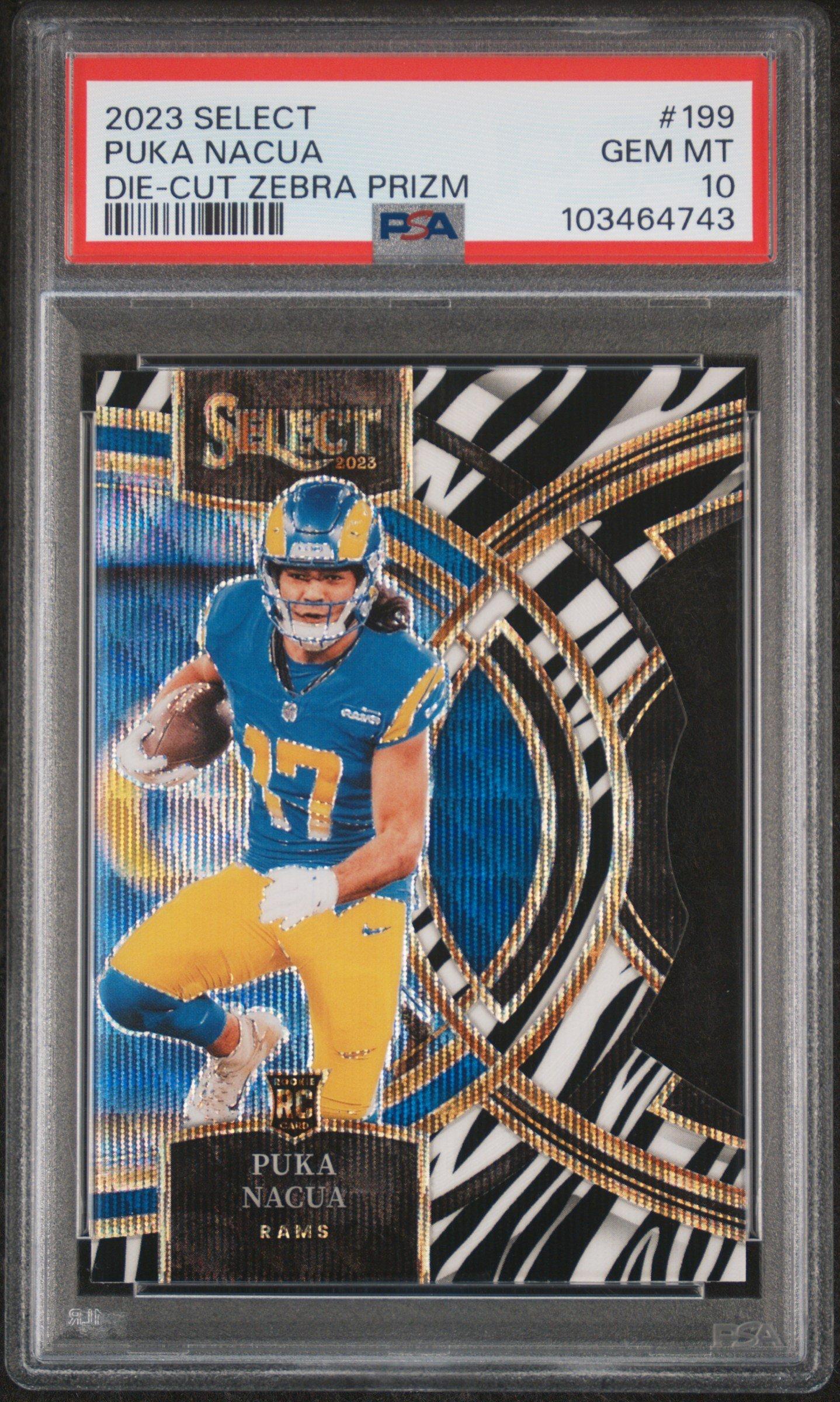 2023 Panini Select 199 Puka Nacua Die-cut Zebra Prizm PSA 10
