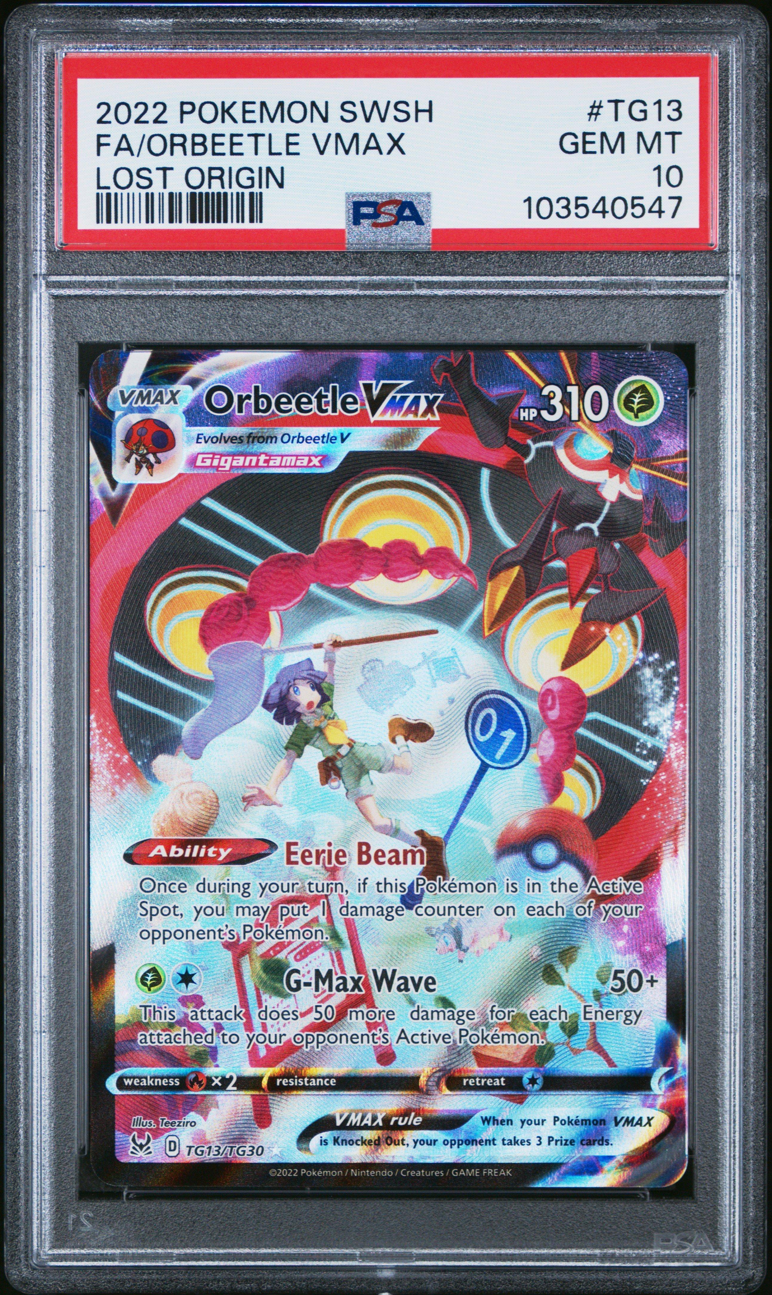 2022 Pokemon Sword & Shield Lost Origin Tg13 Full Art/orbeetle Vmax PSA 10