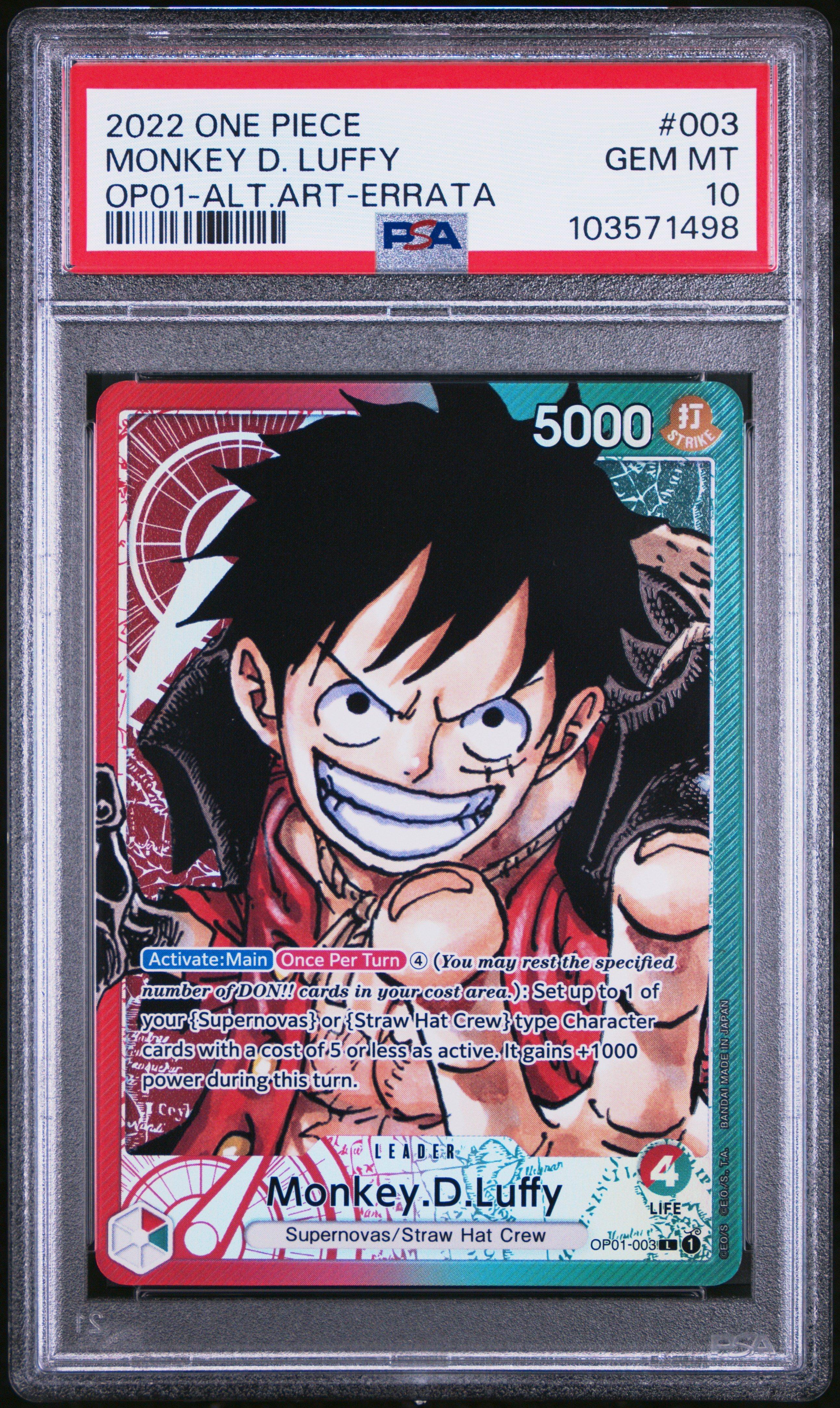 2022 One Piece Op01-romance Dawn 003 Monkey D. Luffy Alternate Art-errata PSA 10