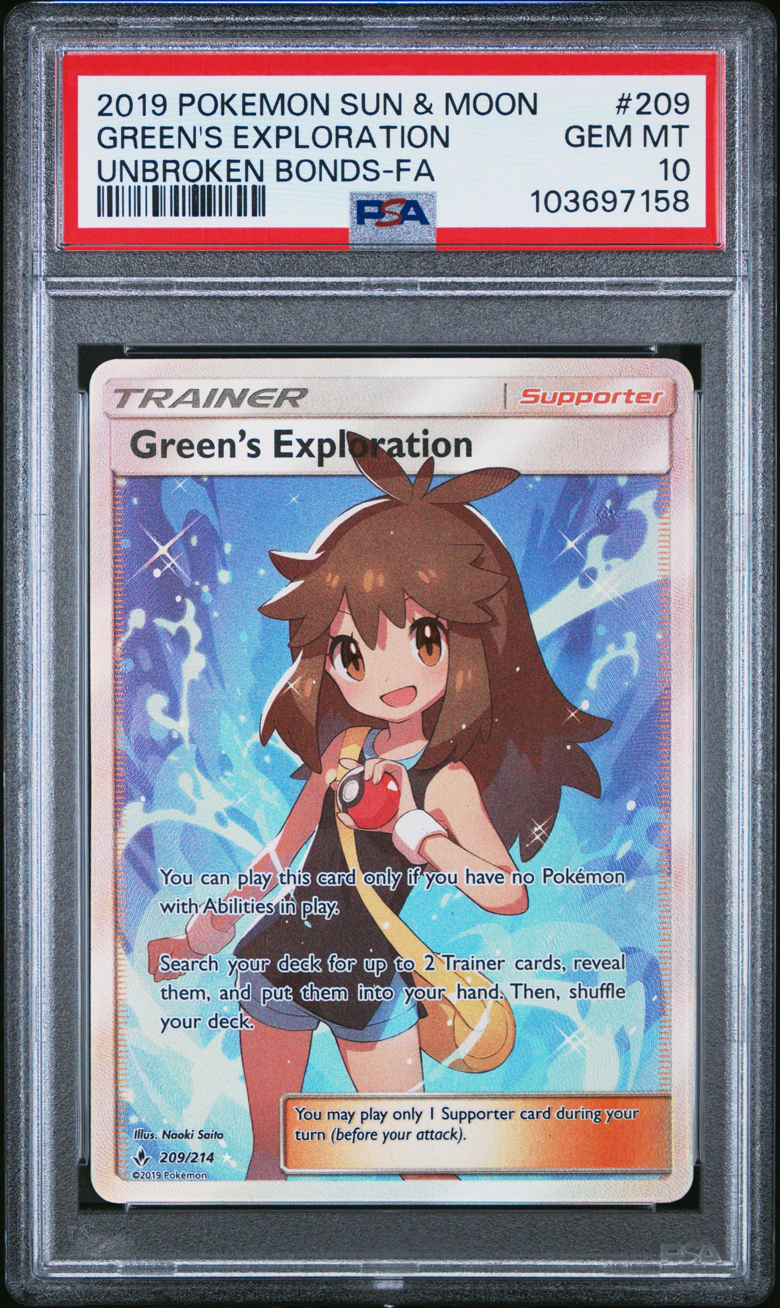 2019 Pokemon Sun & Moon Unbroken Bonds 209 Full Art/green's Exploration PSA