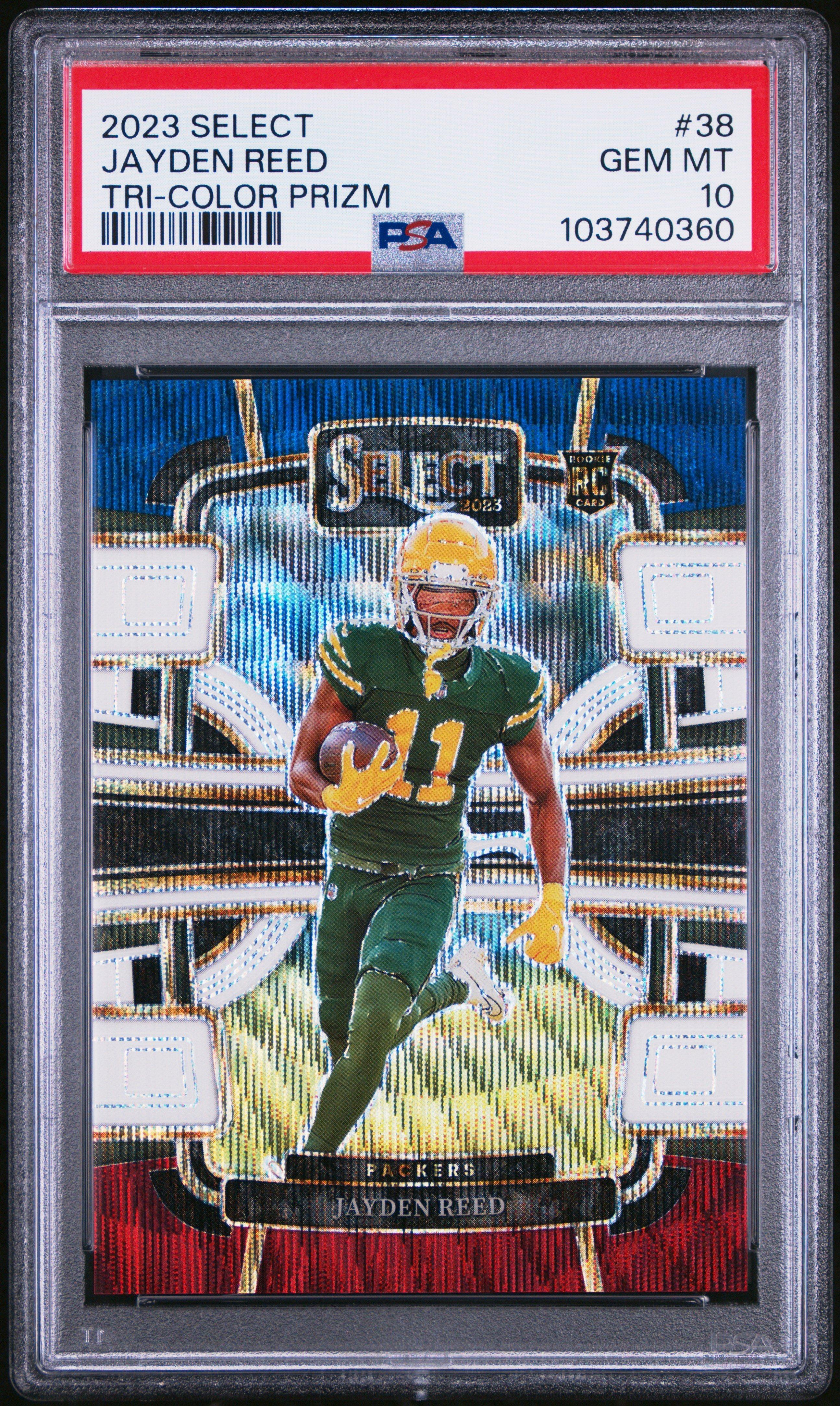 2023 Panini Select 38 Jayden Reed Tri-color Prizm PSA 10