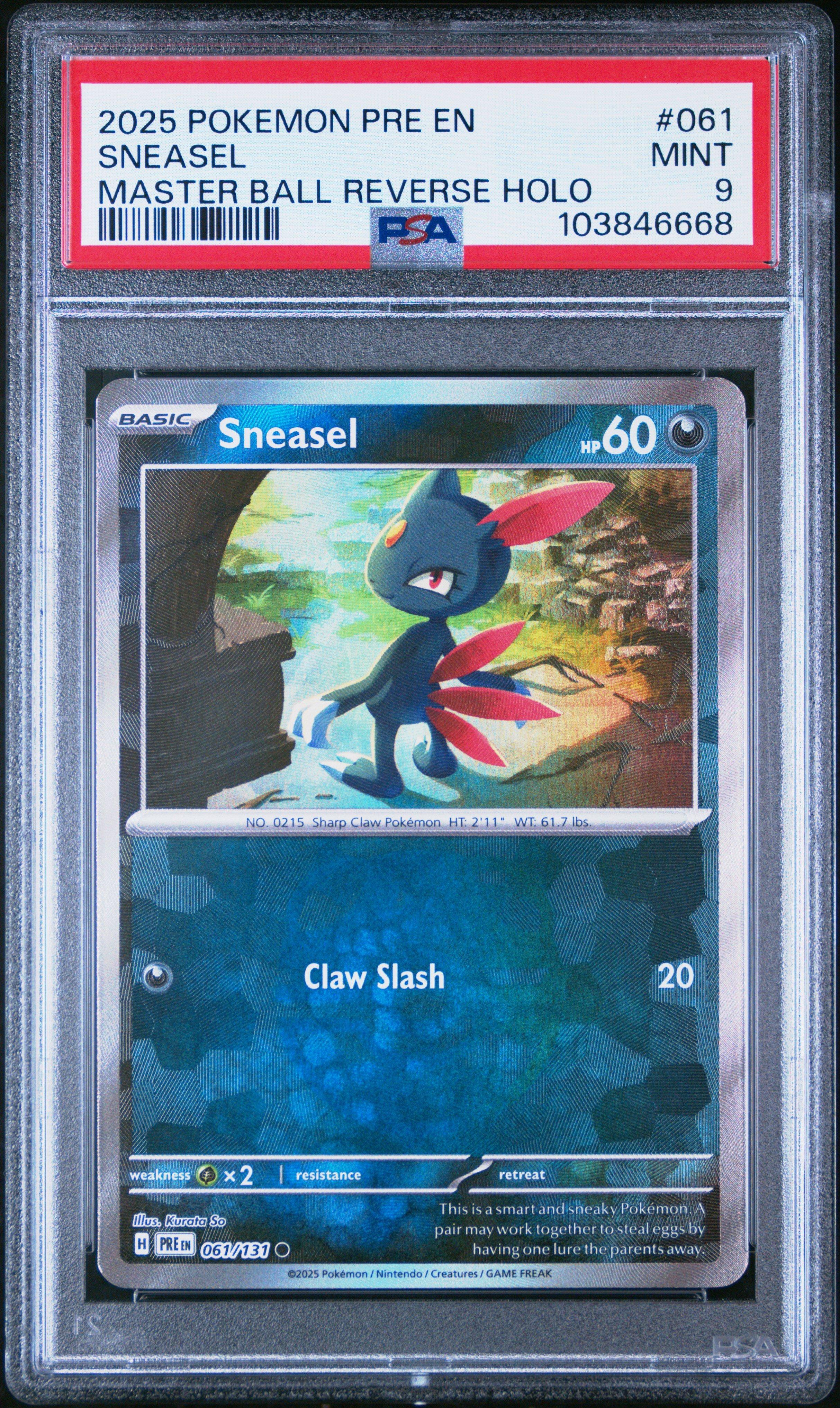 2025 Pokemon Pre En-prismatic Evolutions 061 Sneasel Master Ball Reverse Holo PSA