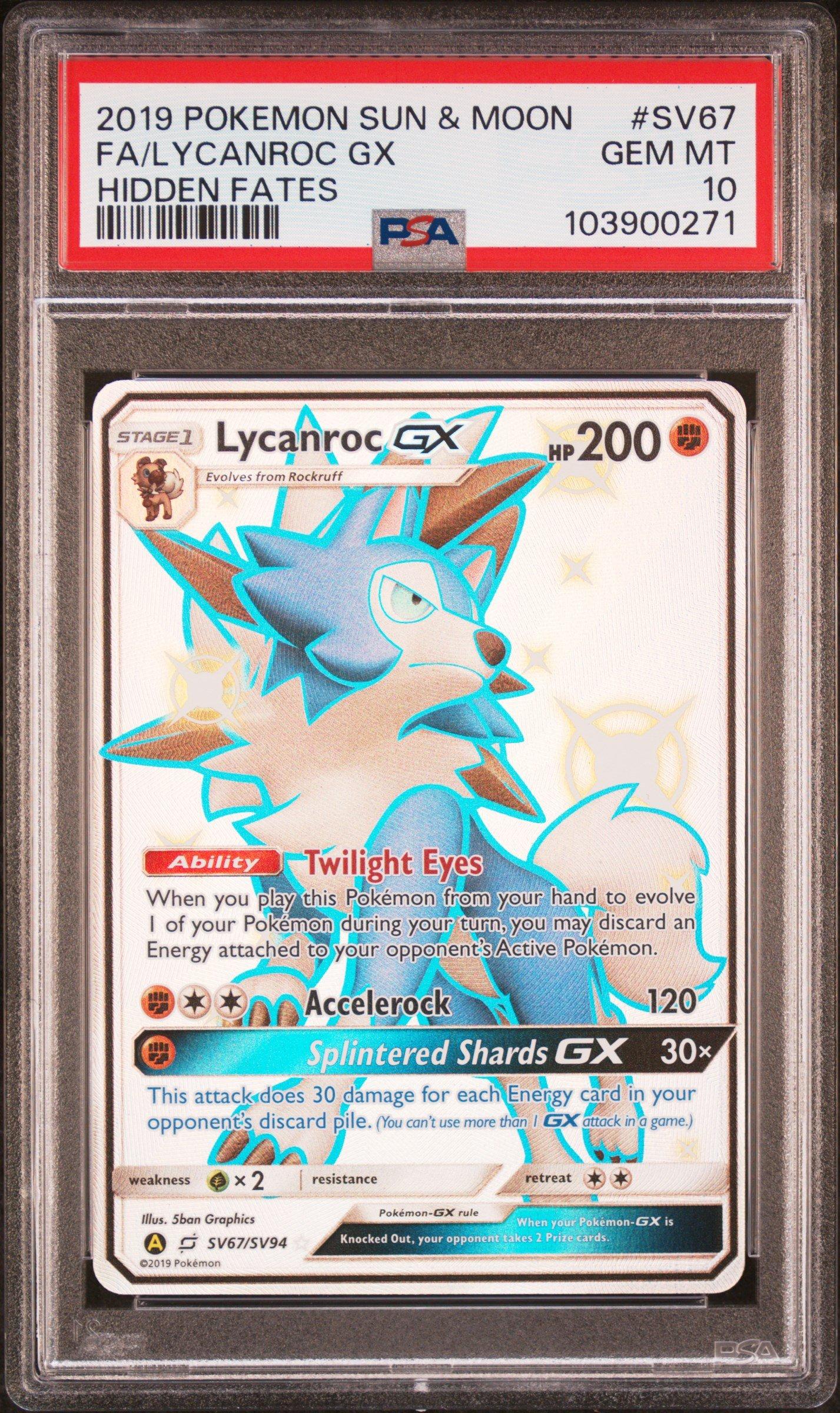 2019 Pokemon Sun & Moon Hidden Fates Sv67 Full Art/lycanroc Gx PSA