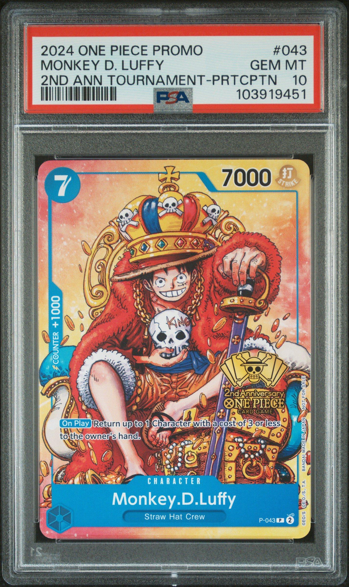 2024 One Piece Promos 043 Monkey D. Luffy 2nd Anniversary Tournament-participation PSA 10