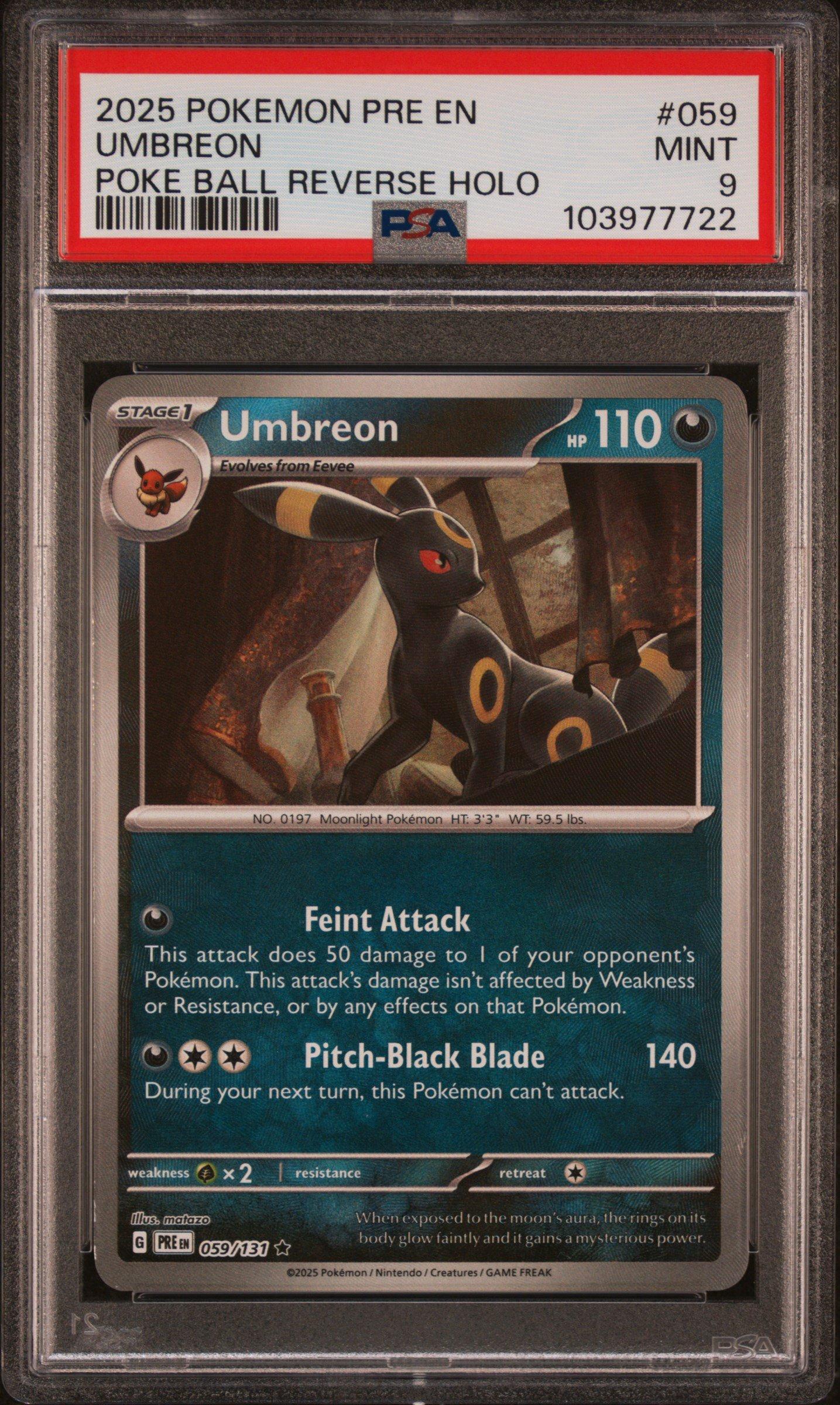 059 131 pokemon card 2025 Pokemon Pre En-prismatic Evolutions 059 Umbreon Poke Ball Reverse Holo  PSA 9 Graded Card